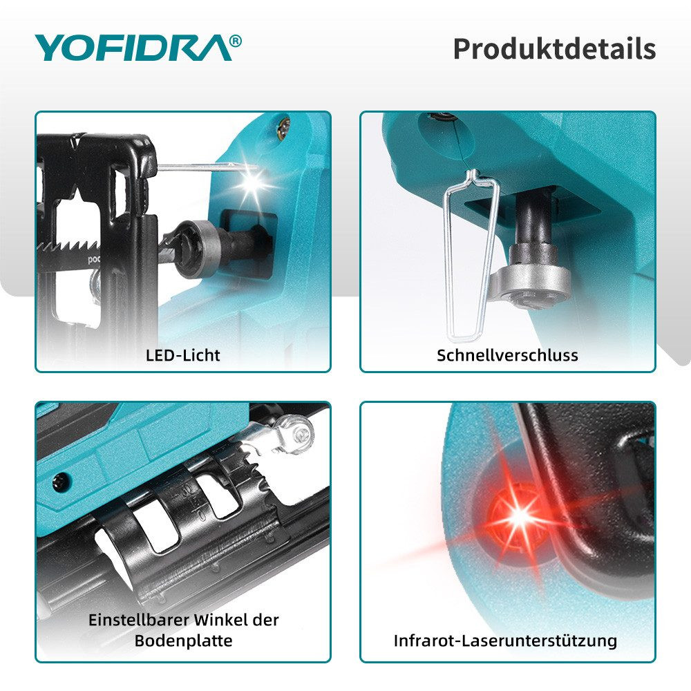 Das Bild zeigt Details eines Elektrowerkzeugs. Es umfasst LED-Licht, Schnellverschluss, einstellbare Grundplatte und Infrarot-Laserunterstützung.
