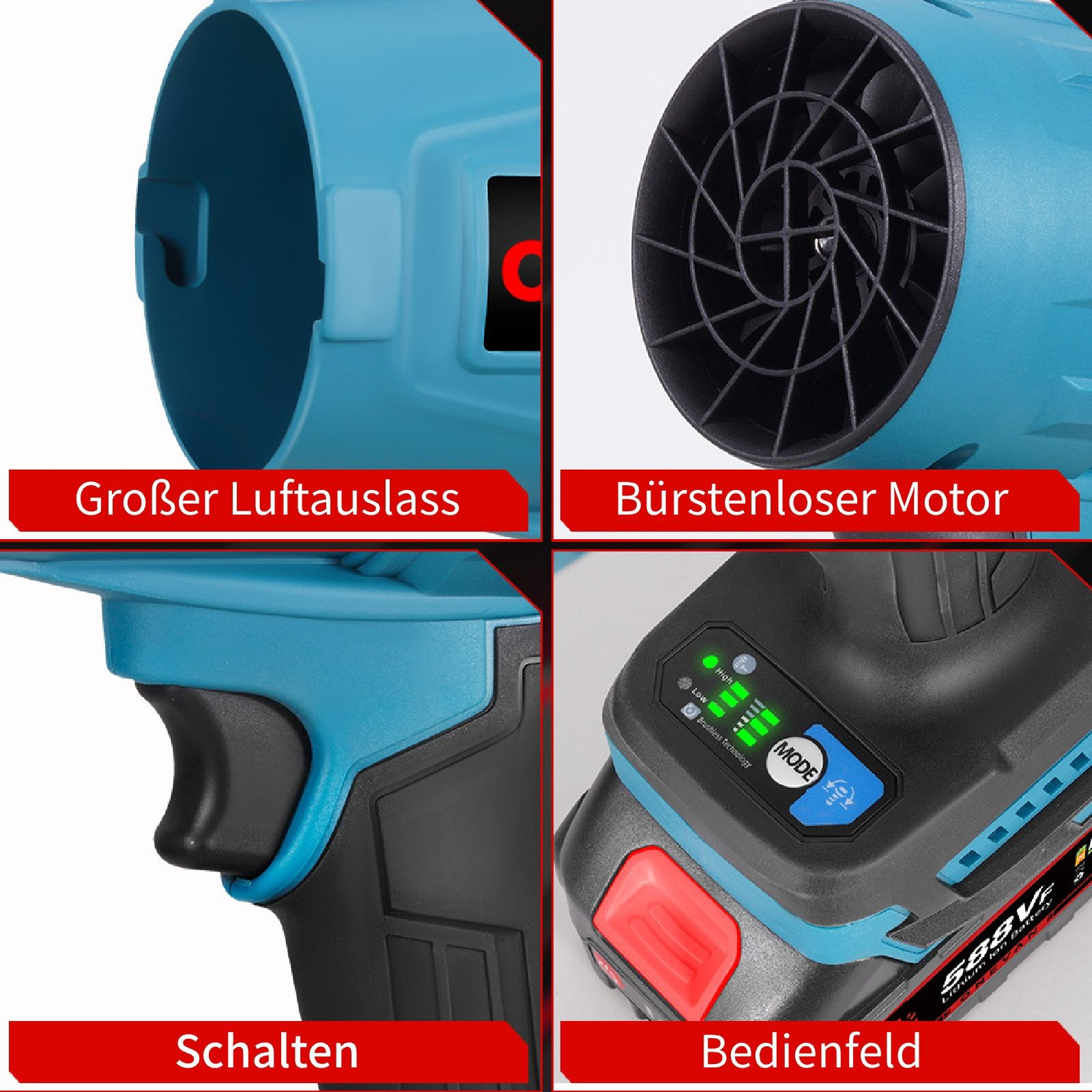 Nahaufnahme eines Elektrowerkzeugs mit Teilen: Luftauslass, bürstenloser Motor, Schalter und Bedienfeld mit Batteriestatus.