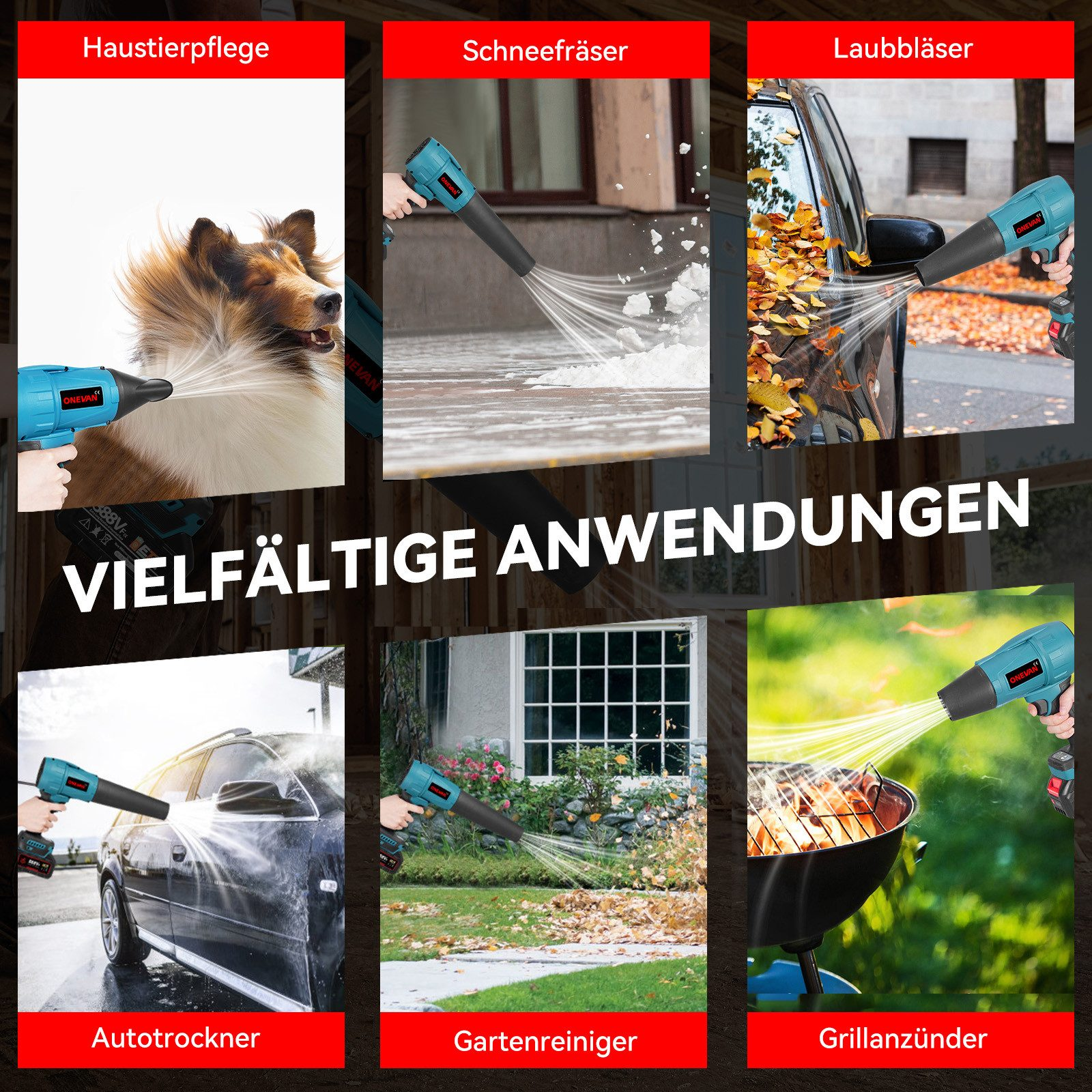 Das Bild zeigt mehrere Anwendungen eines Gebläses: Tierpflege, Schneeräumen, Laubblasen, Autotrocknung, Gartenreinigung und Grillanzünden.