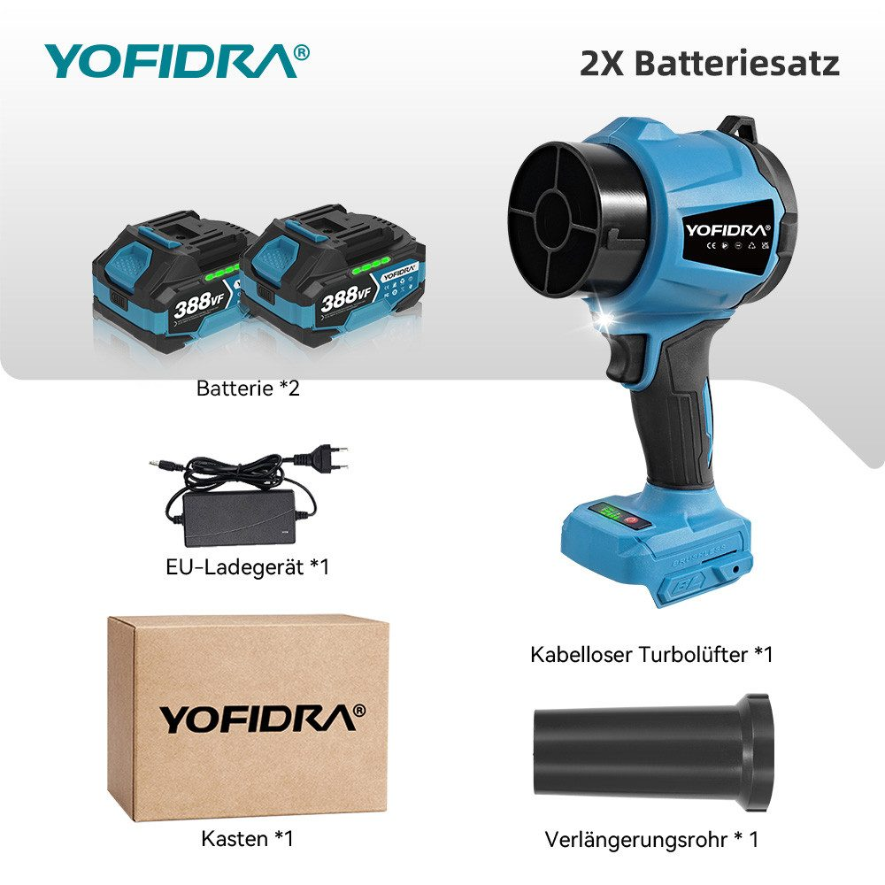 Das Bild zeigt ein kabelloses Turbogebläse, Batterien, Ladegerät, Karton und Verlängerungsrohr. Alles mit der Marke 'YOFIDRA'.