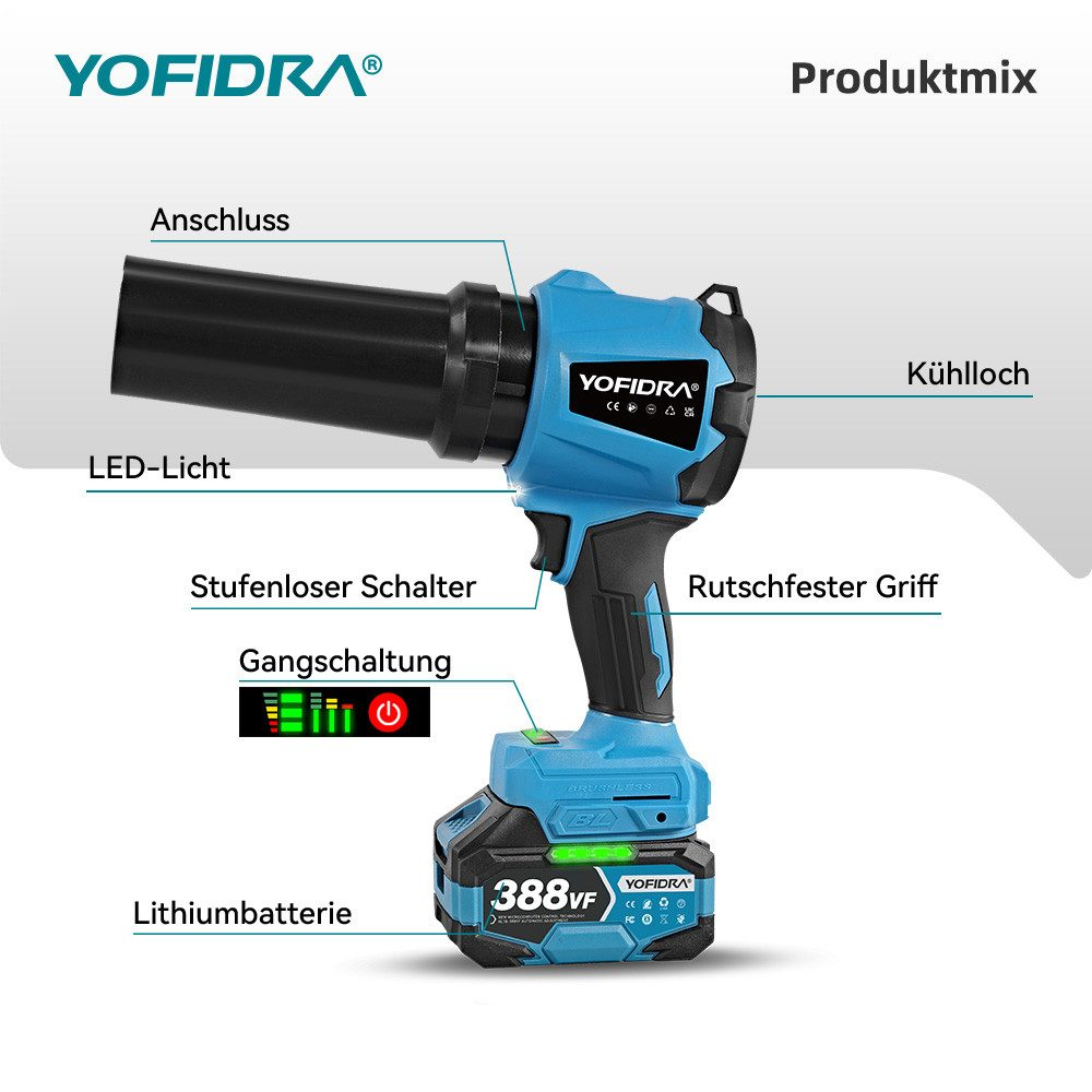 Eine blau-schwarze Yofidra-Taschenlampe mit Etiketten für verschiedene Teile, darunter Akku, LED-Licht und Griff. Das Markenlogo ist sichtbar.