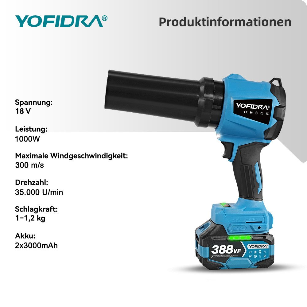 Ein blaues und schwarzes Yofidra-Elektrowerkzeug mit Produktinformationen. Spezifikationen umfassen Spannung, Leistung und Geschwindigkeitsdetails.