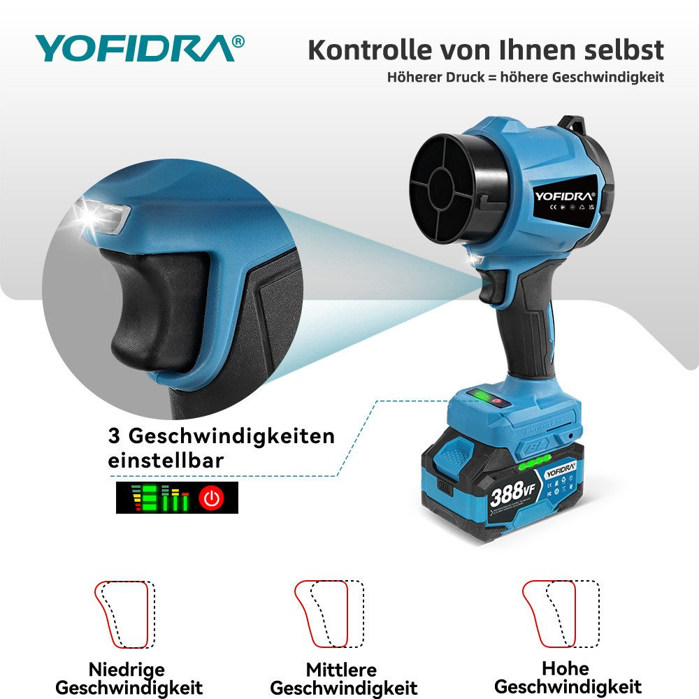 Blaues und schwarzes Elektrowerkzeug. Es hat drei Geschwindigkeitseinstellungen und eine Batteriestandsanzeige. Text enthält 'YOFIDRA' und '388VF'.