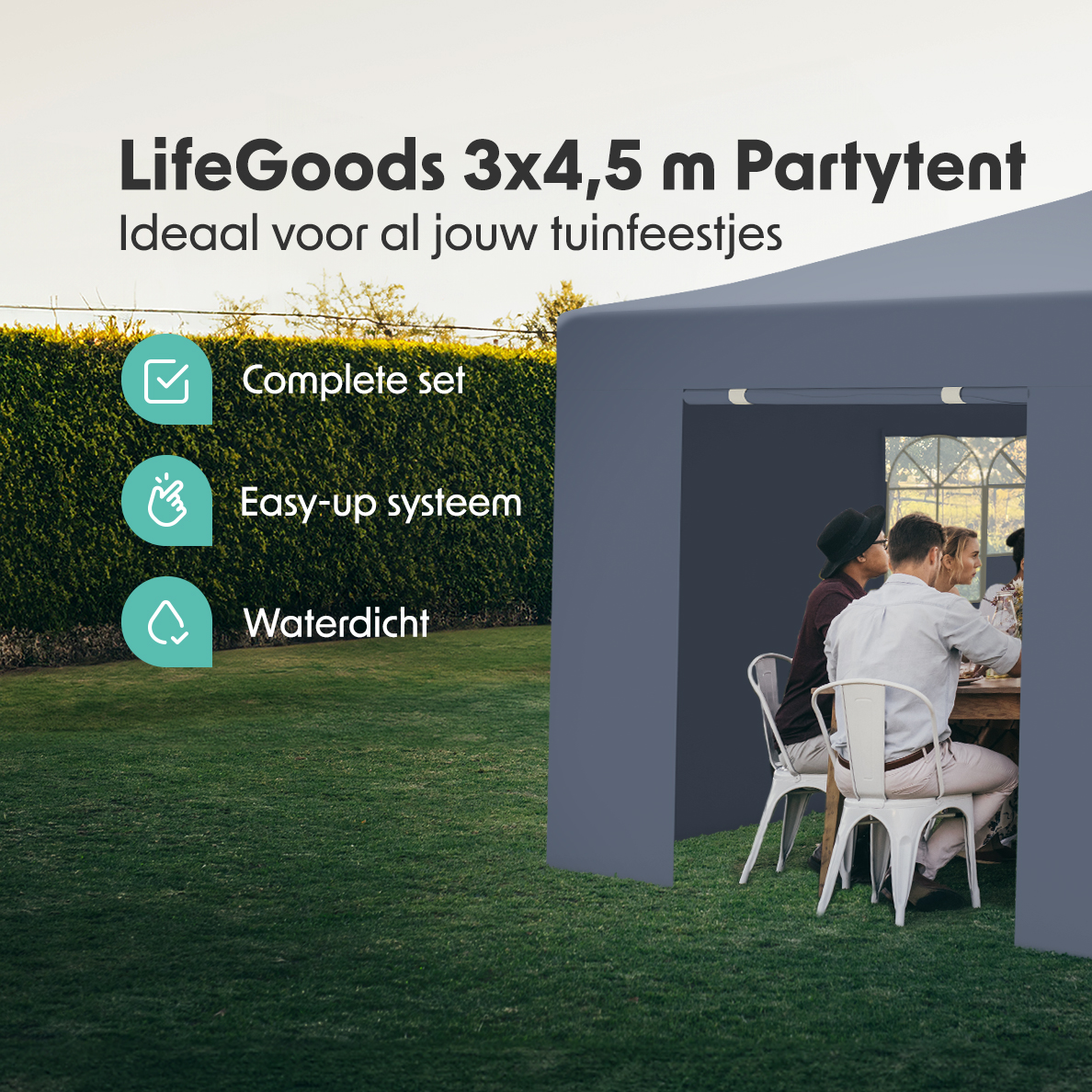 Party tent set up in a green yard. People are inside, sitting at a table. Text says complete set, easy-up, waterproof.