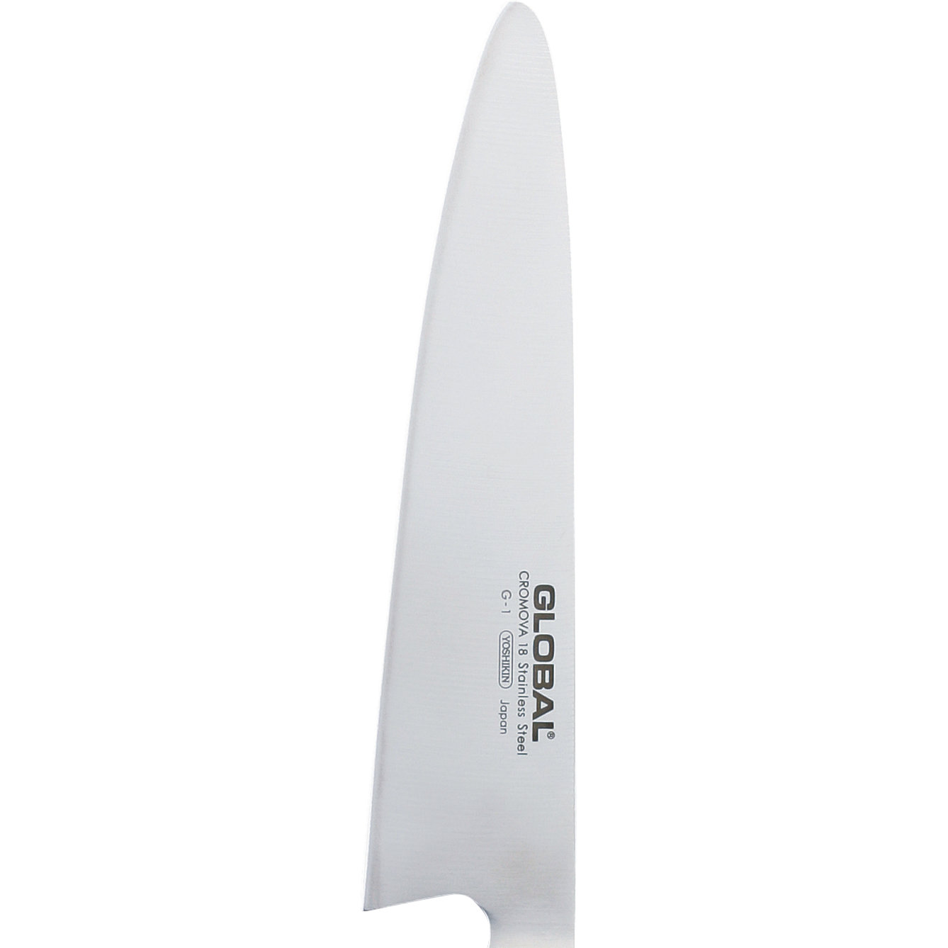 Nahaufnahme eines GLOBAL-Küchenmessers aus Edelstahl. Die Klinge ist scharf und der Griff ist nicht sichtbar. Text auf der Klinge: GLOBAL, CROMOVA 18 Stainless Steel.