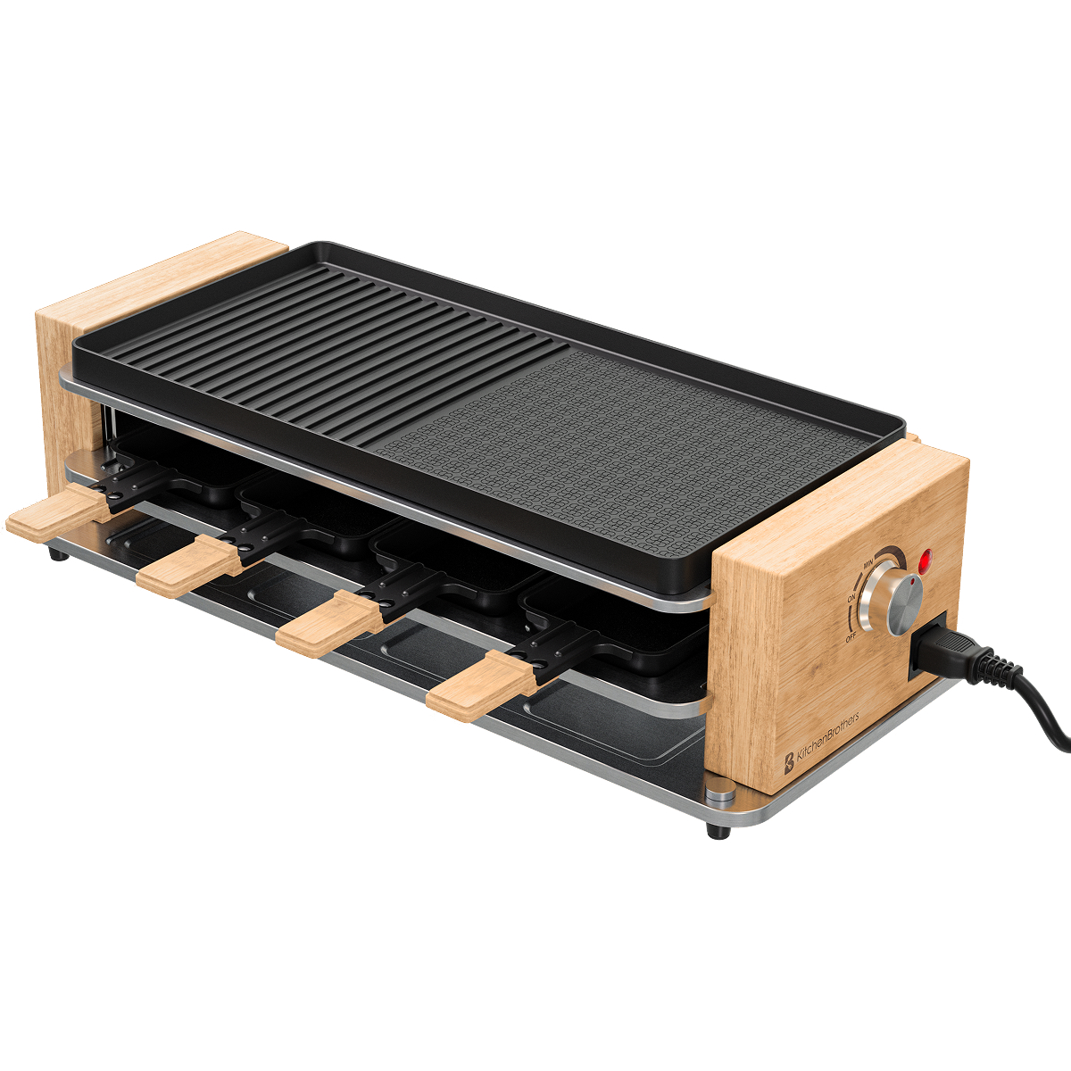 A raclette grill with a black cooking surface, wooden accents, and individual cheese melting trays. Includes a power dial and a power cord.