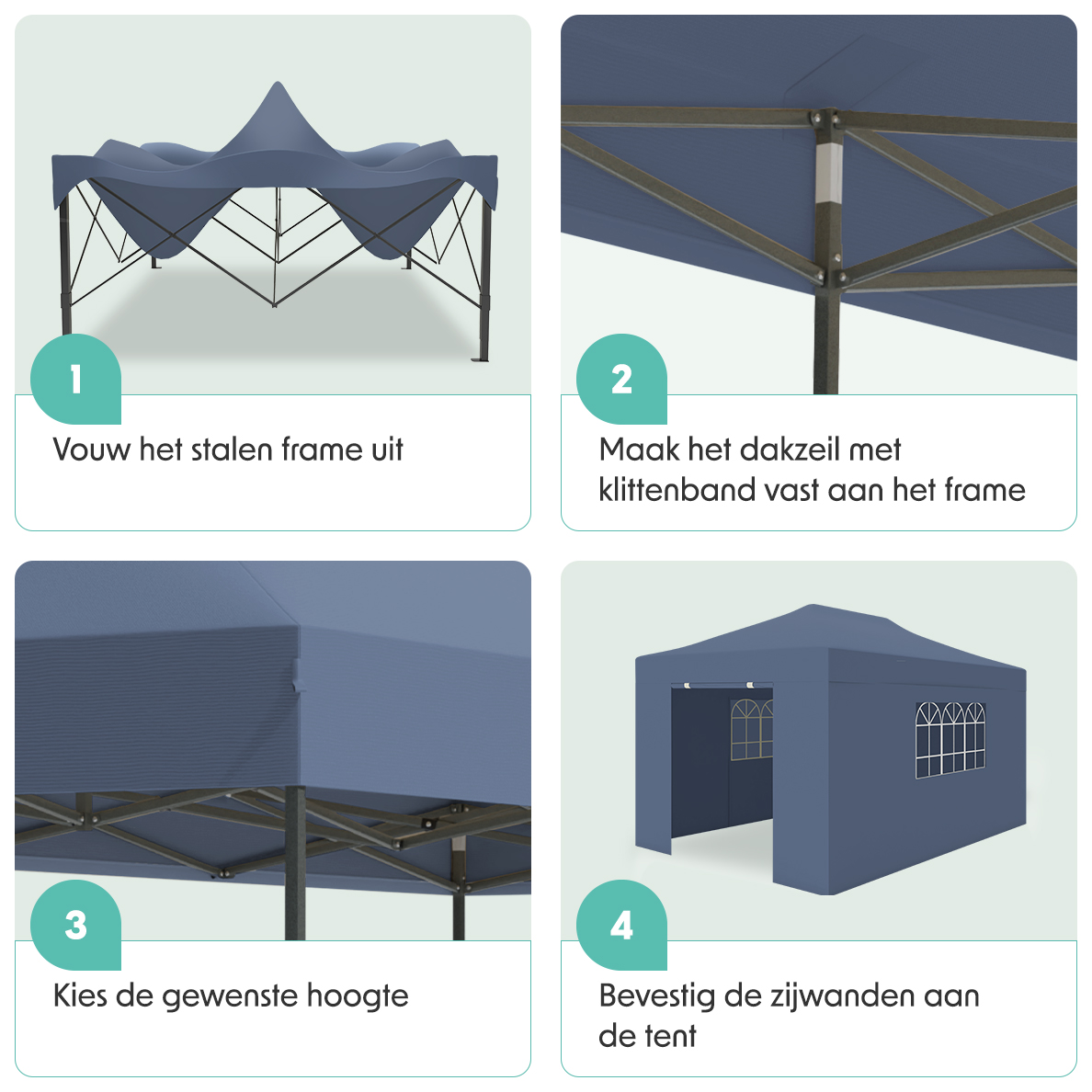 Four images show tent assembly steps. The first shows the frame, the second attaching the roof, third adjusting height, and fourth attaching walls.