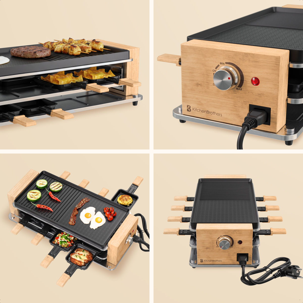 Raclette grill with food: steak, skewers, vegetables, eggs, bacon, and tomatoes. Wooden accents. Close-up of control knob.