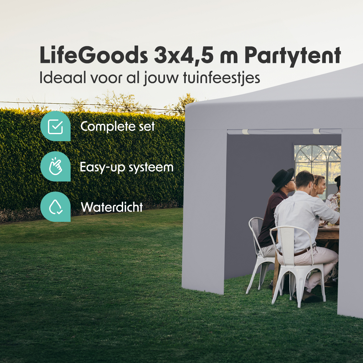 A party tent with people inside. Text on the left says 'complete set', 'easy-up system', and 'waterproof'. Green grass and hedge.