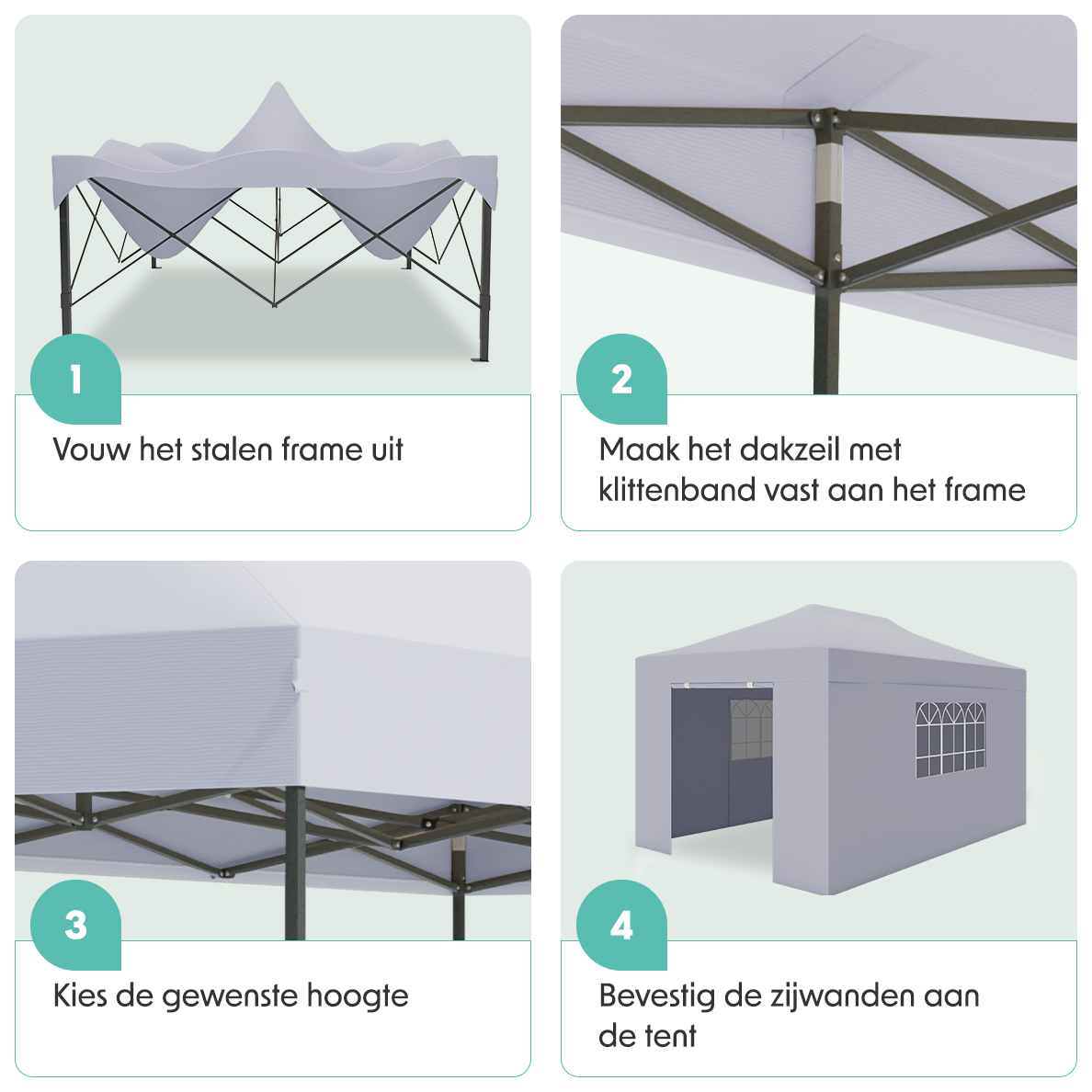 Four images showing tent assembly steps: unfolding the frame, attaching the roof, adjusting height, and attaching side walls. Gray tent.