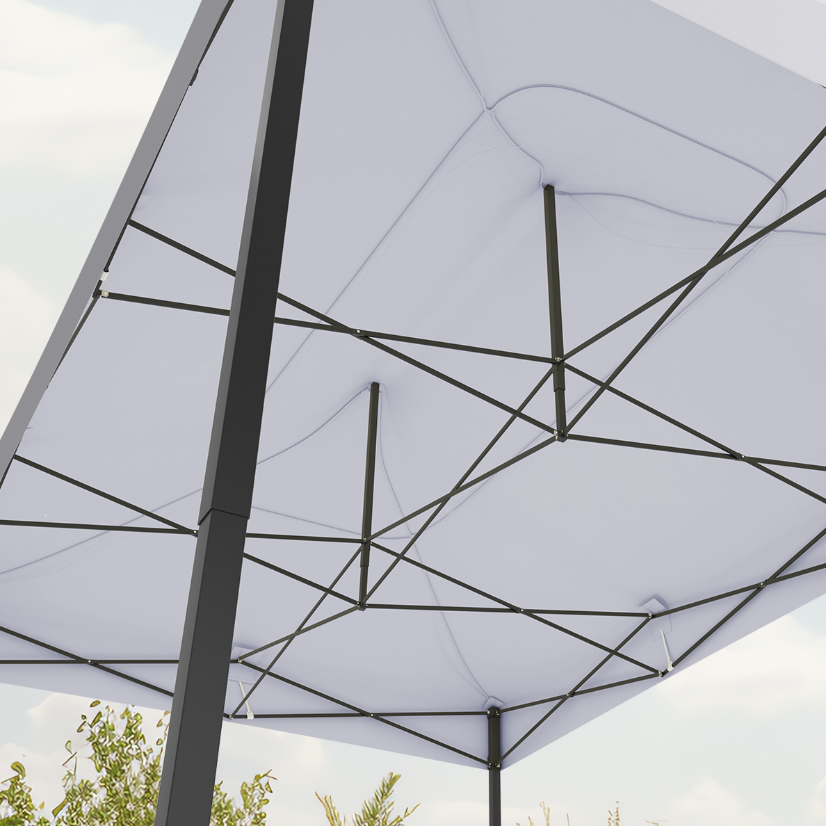 View from below of a white patio umbrella. Black metal frame supports the canopy. Sky and green foliage are visible.