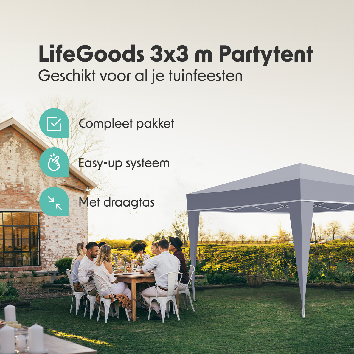 A group of people at a garden party under a gray tent. A table is set, and a house is in the background.