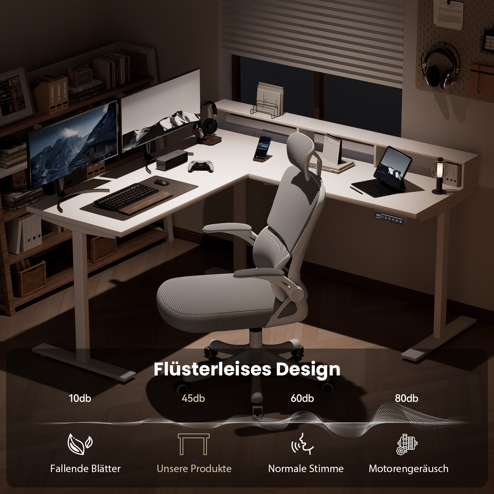 Moderne Büroausstattung mit weißem L-förmigen Schreibtisch, ergonomischem Stuhl, Doppelmonitoren und Zubehör.
