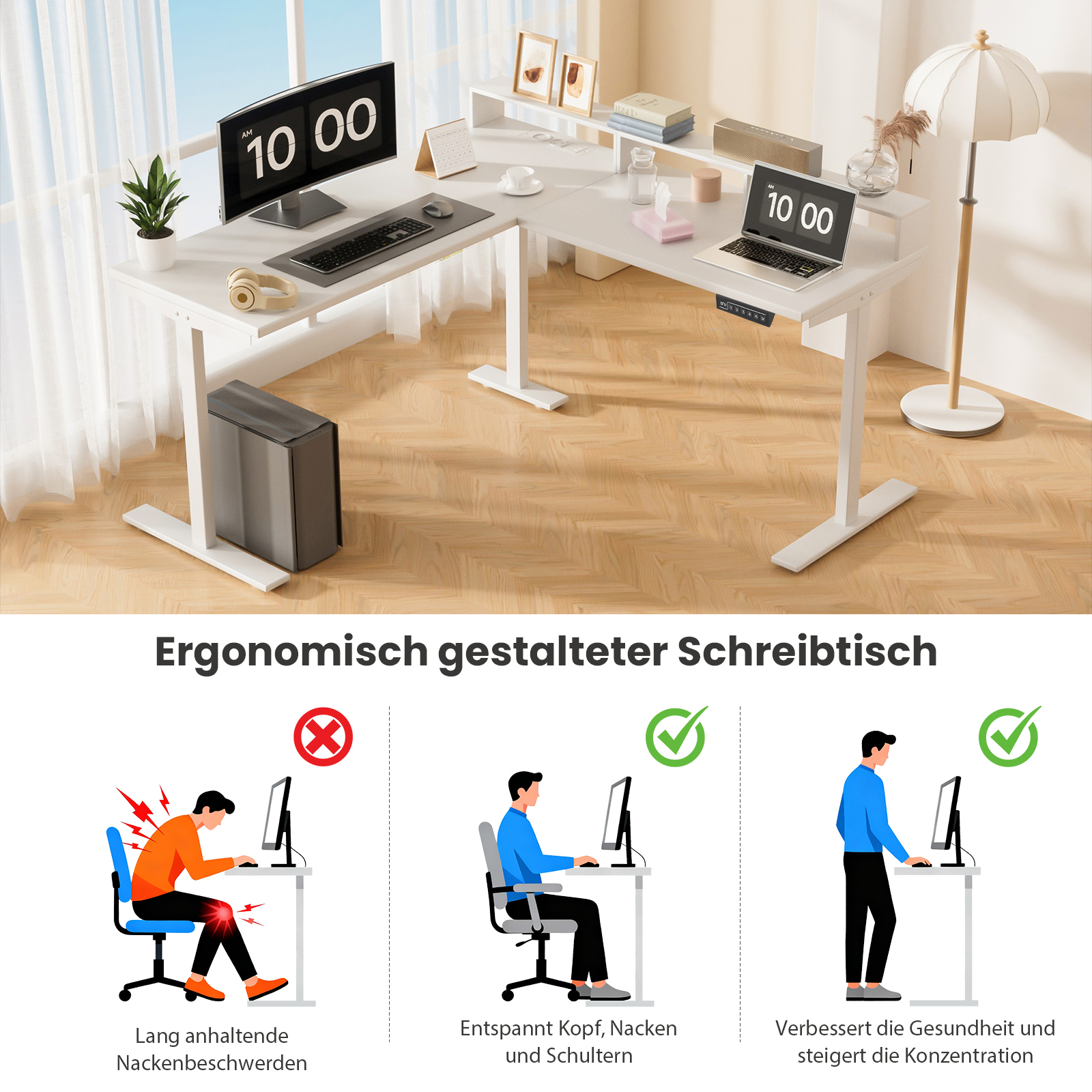 Ein weißer L-förmiger Schreibtisch mit zwei Monitoren, einem Laptop und Büromaterial. Diagramme zeigen gute und schlechte Haltung.