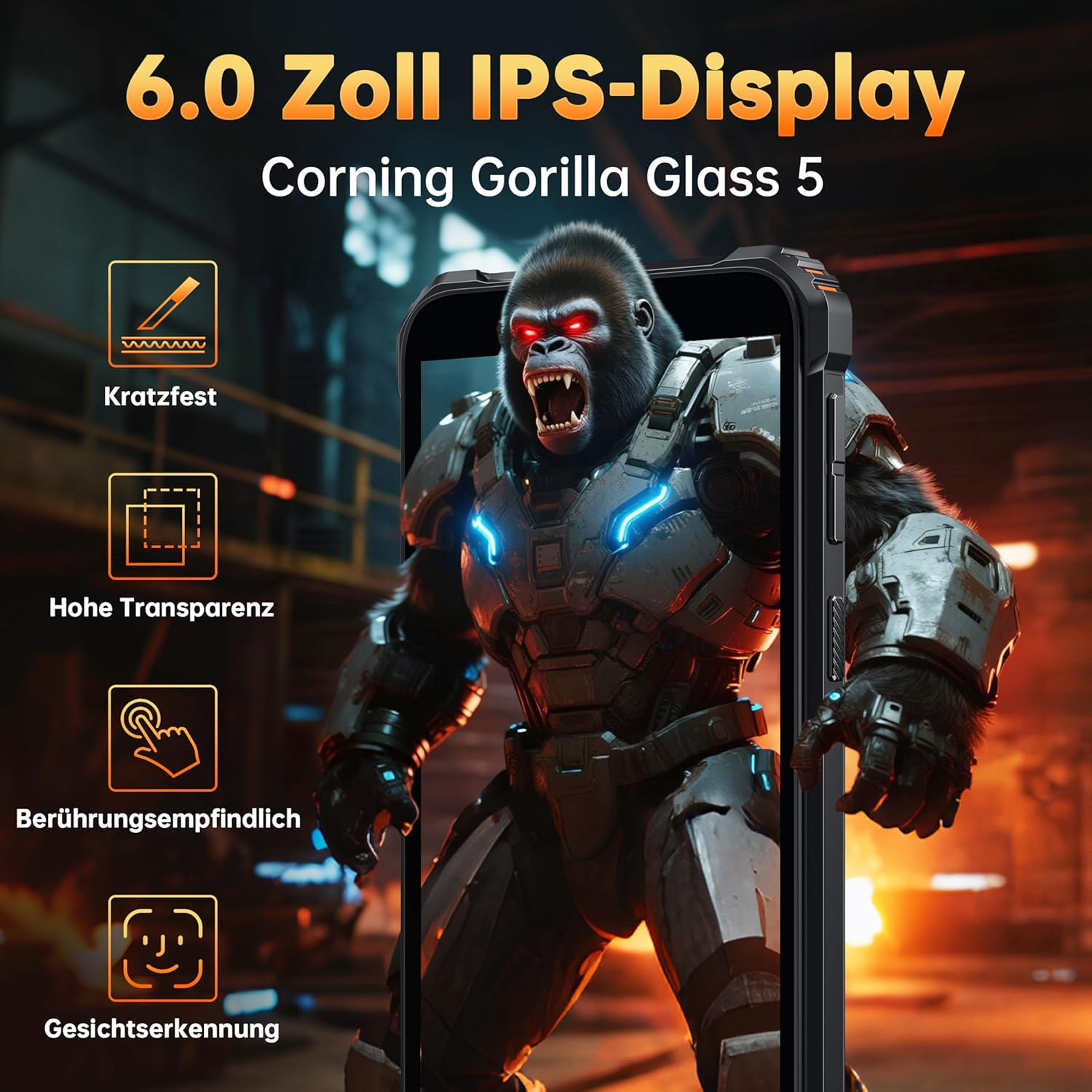 Goryl w robociej zbroi wyłania się z ekranu telefonu. Tekst promuje wyświetlacz IPS 6,0 cala, Corning Gorilla Glass 5 i funkcje.