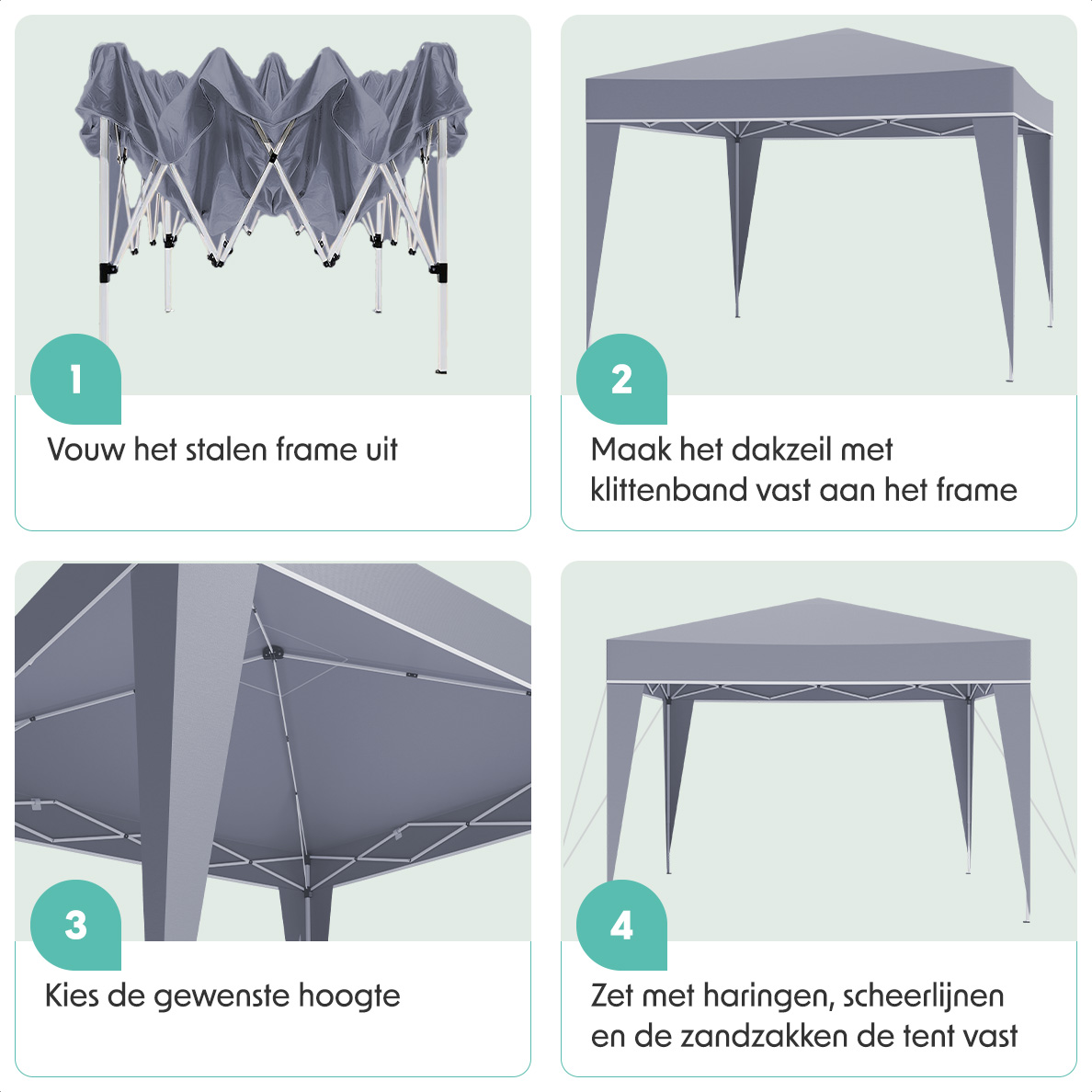 Four steps to assemble a gray pop-up tent: unfolding the frame, attaching the roof, choosing height, and securing with stakes.