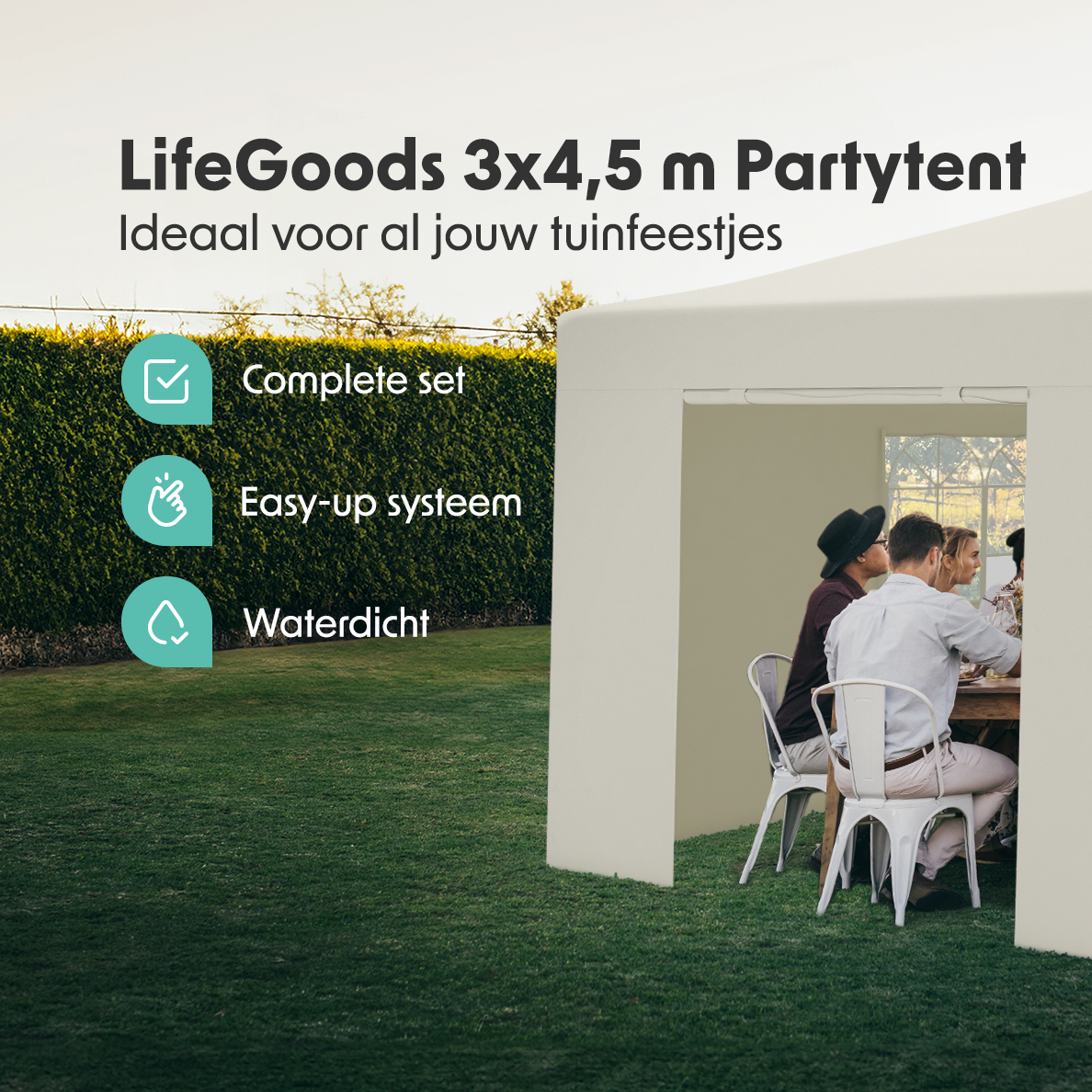 A party tent with people sitting at a table. Text on the left indicates it is a complete set, easy-up system and waterproof.