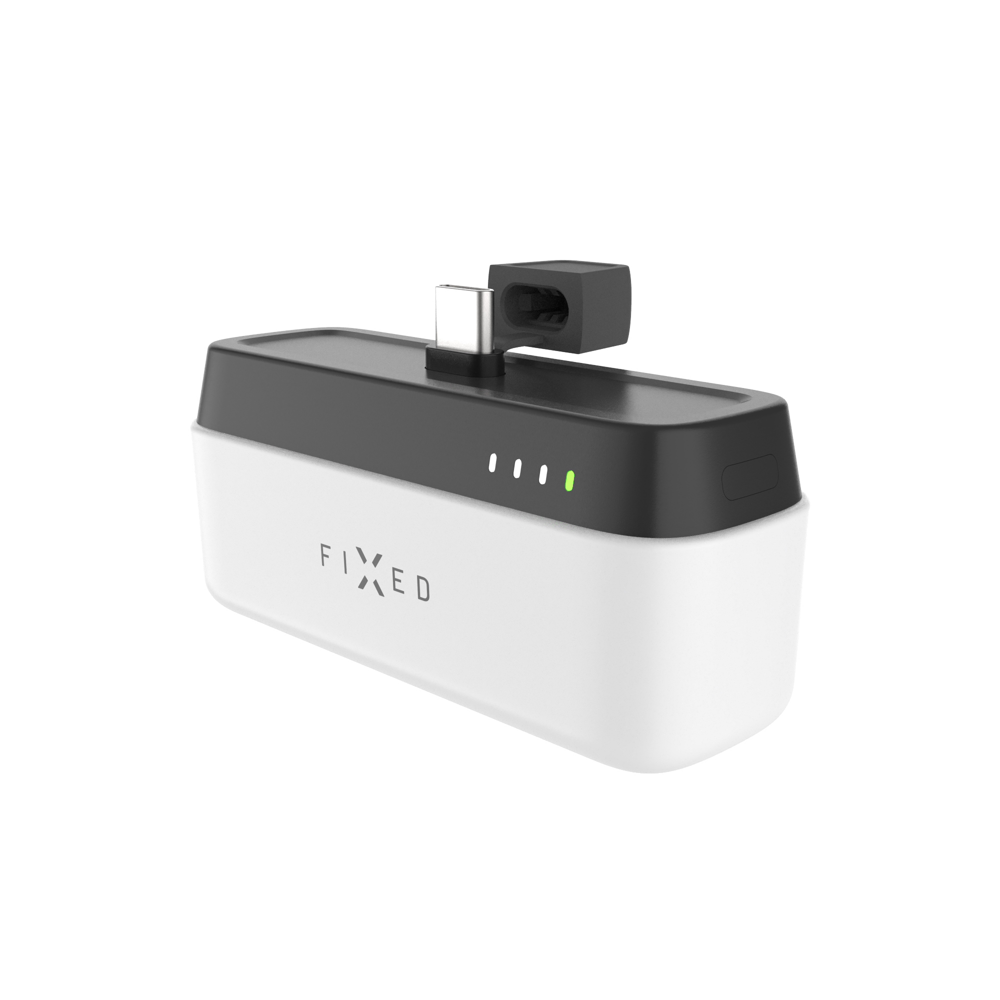 Eine schwarz-weiße Powerbank mit USB-C-Anschluss und Statusanzeigen. Das Wort FIXED steht vorne.