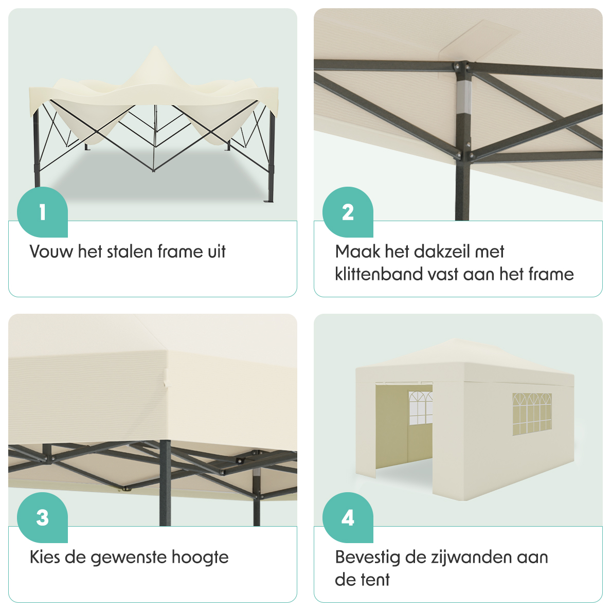 An illustrated guide to assembling a cream-colored tent. Steps include unfolding the frame, attaching the roof, adjusting height, and attaching walls.