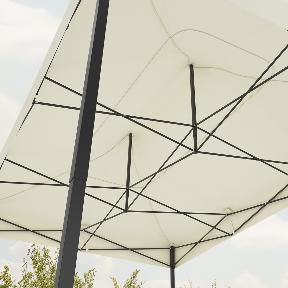 View from below of a cream-colored canopy with black metal supports. The sky and some green foliage are visible in the background.