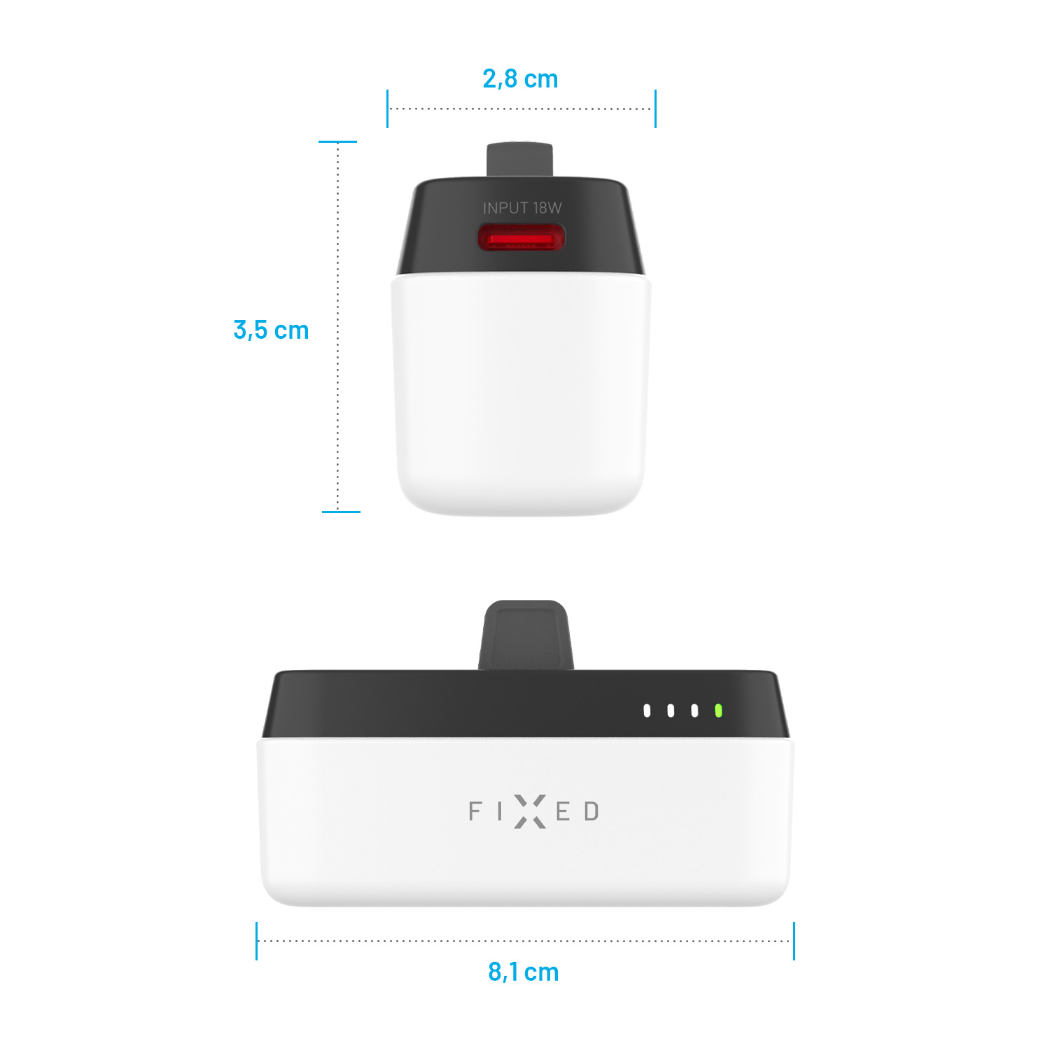 Ein weißes und schwarzes Netzteil. Es hat eine schwarze Oberseite mit dem Text 'INPUT 18W'. Die Unterseite zeigt 'FIXED'. Maße sind ebenfalls angegeben.