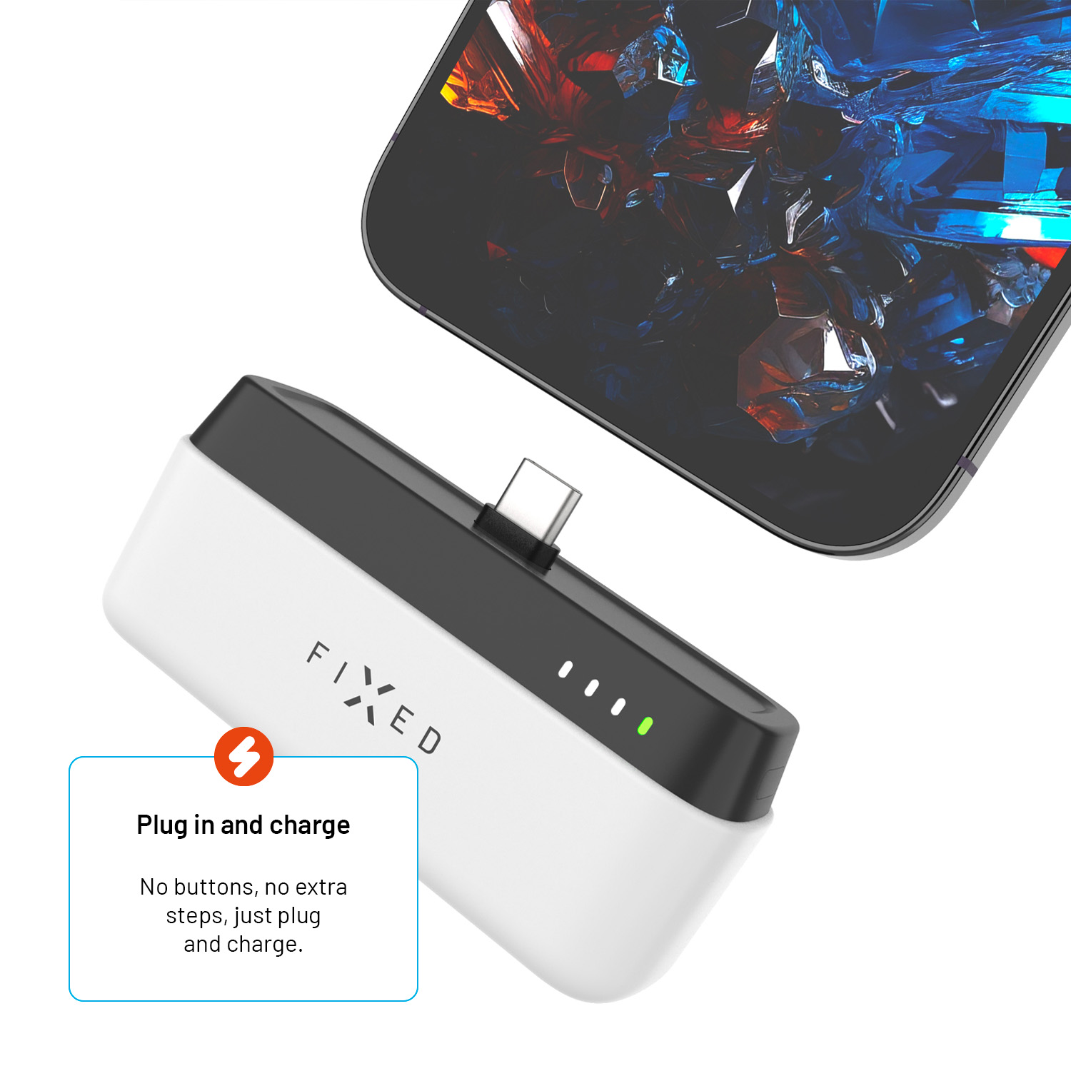 Eine weiß-schwarze Powerbank mit Ladekabel und Telefon. Der Telefonbildschirm zeigt ein blau-rotes abstraktes Design.