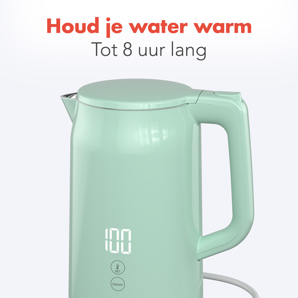 Lichtgroene elektrische waterkoker met digitaal display 100. Rode tekst: 'Houd je water tot 8 uur warm'.