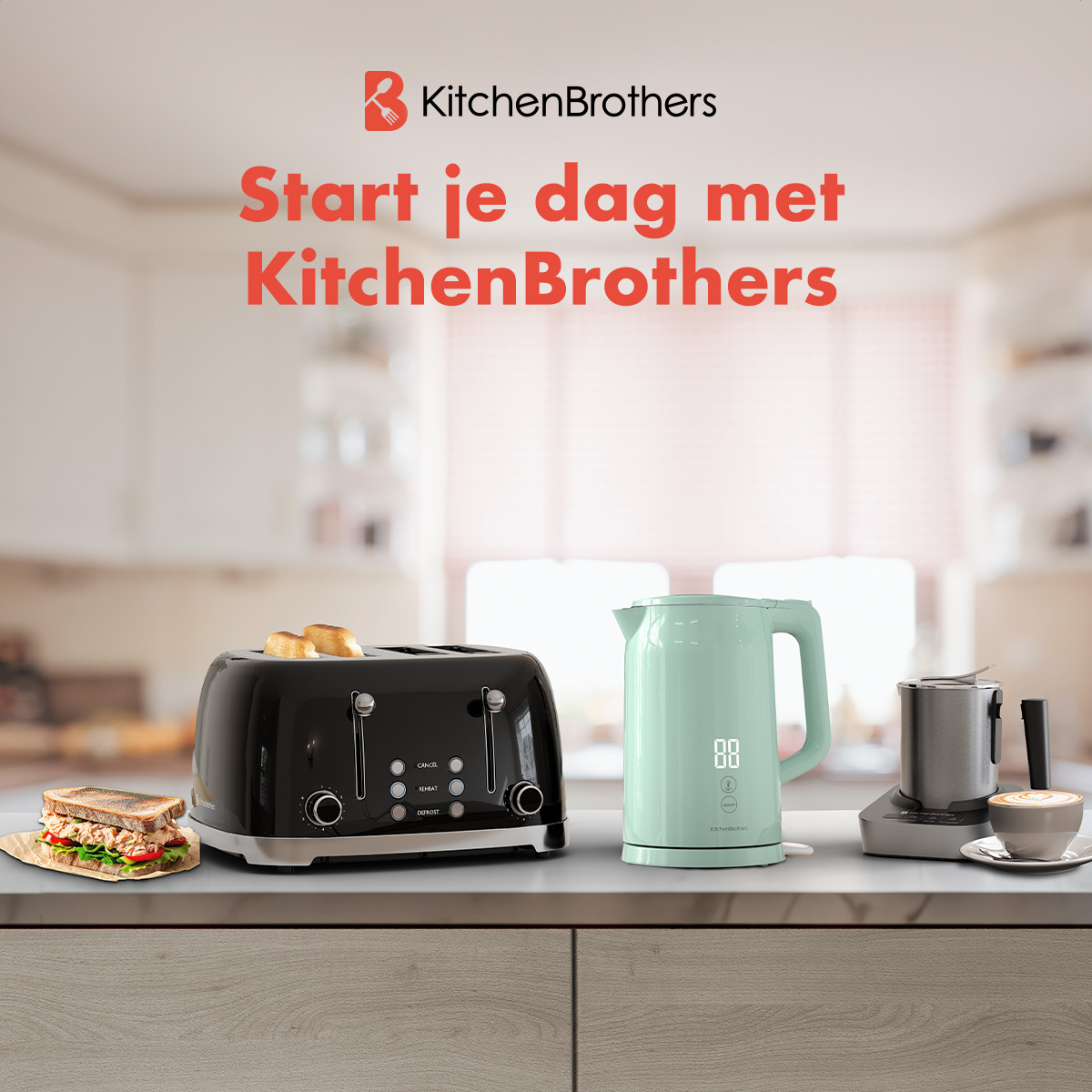 Een keukenscène met een broodrooster, waterkoker, koffiezetapparaat en sandwich op een aanrecht. De tekst zegt: 'Start je dag met KitchenBrothers'.
