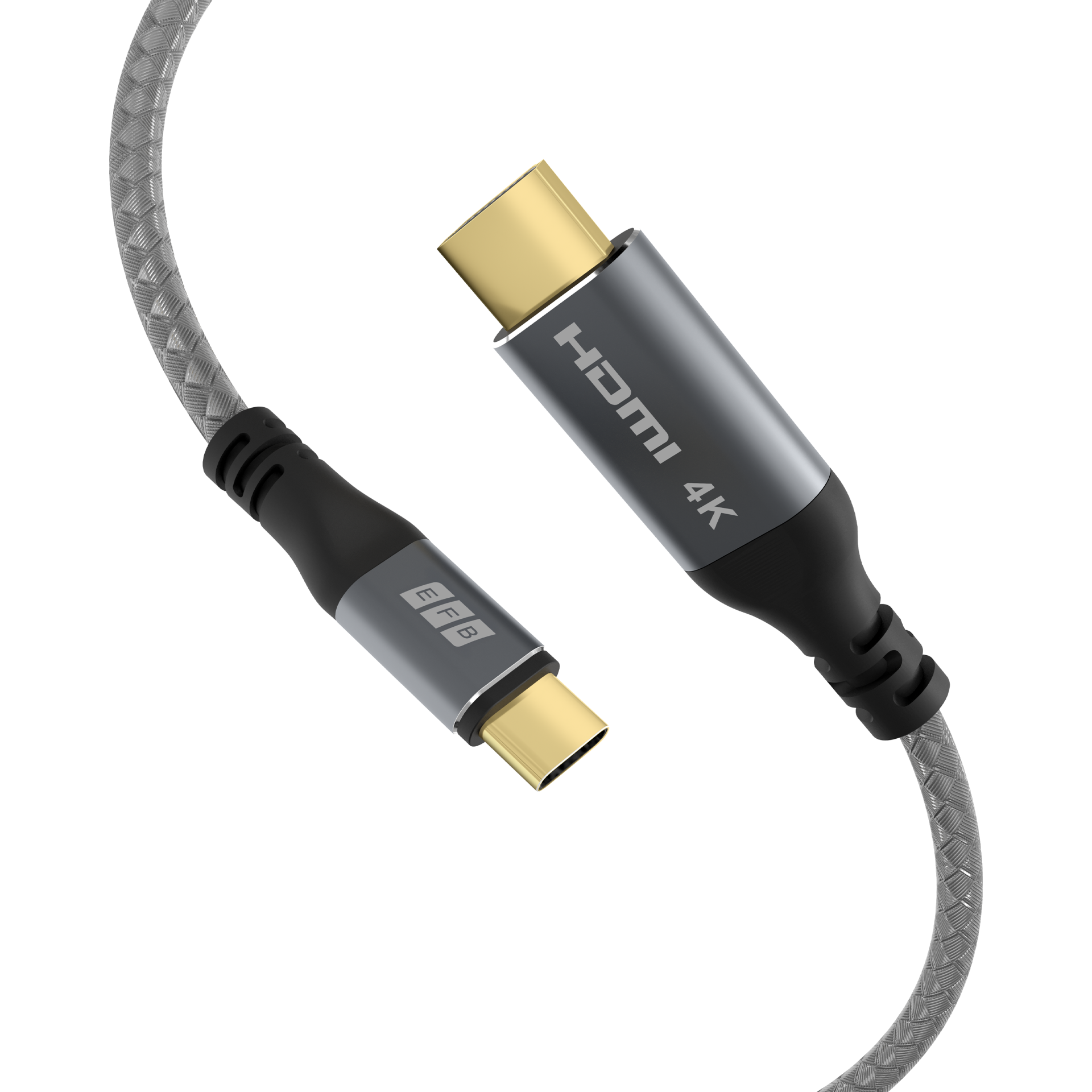 Ein HDMI-Kabel mit grau geflochtener Schnur, schwarzen Steckern und goldfarbenen Enden. Das Kabel ist mit 'HDMI 4K' beschriftet.