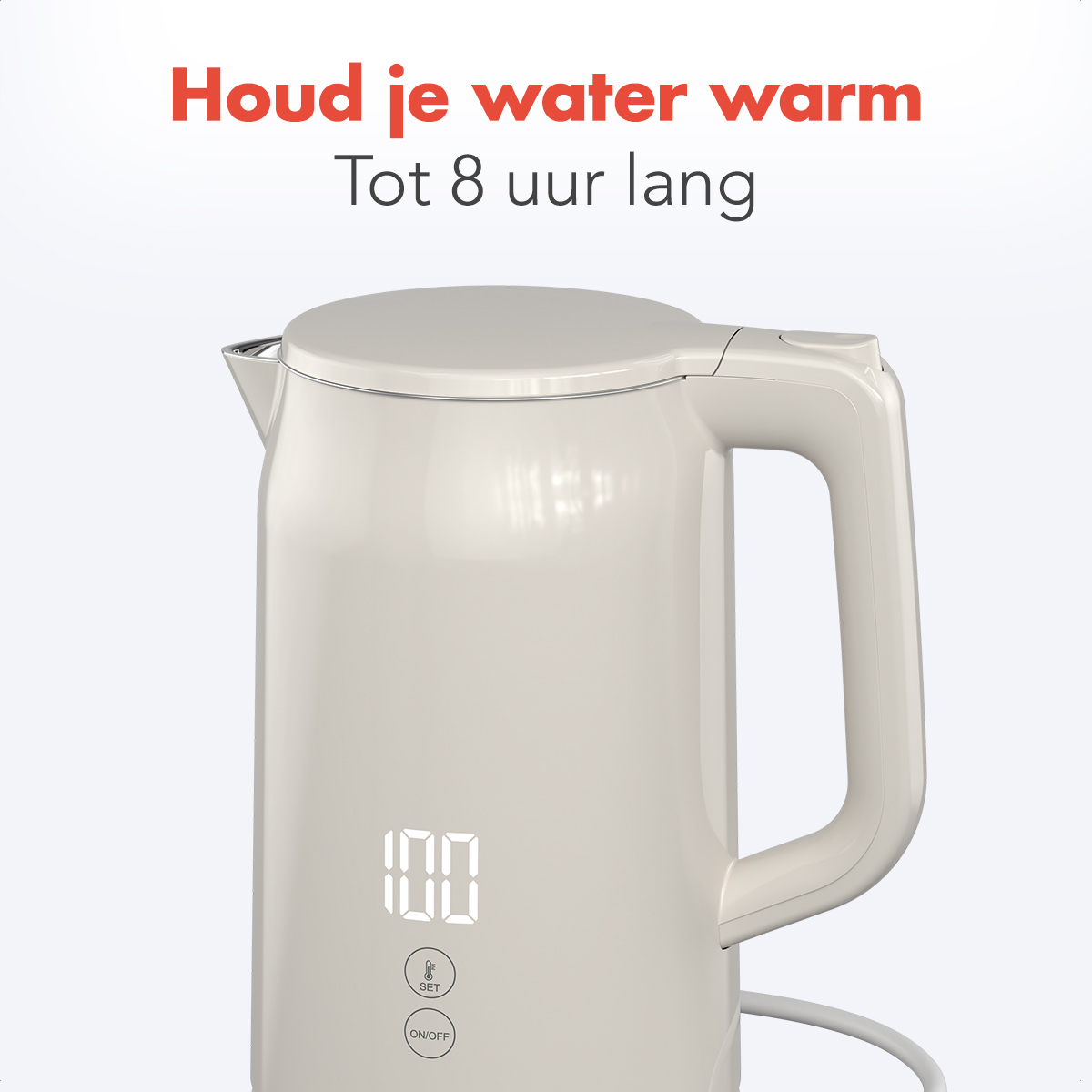 Une bouilloire électrique beige avec un affichage numérique de 100. Texte : 'Gardez votre eau chaude jusqu'à 8 heures'.