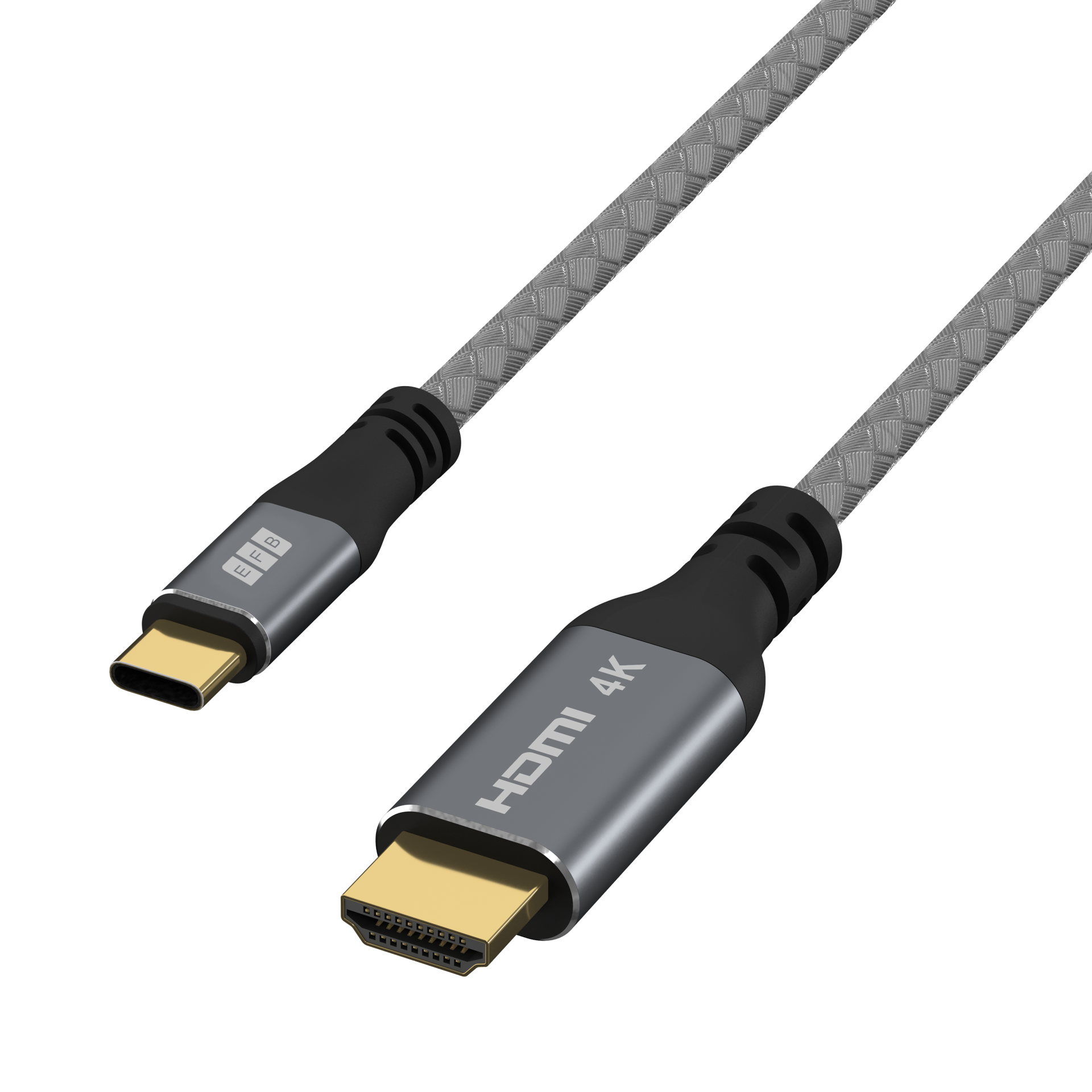 Ein HDMI-4K-Kabel mit einem USB-C-Anschluss und einem HDMI-Anschluss. Das Kabel ist grau mit schwarzen Anschlüssen.