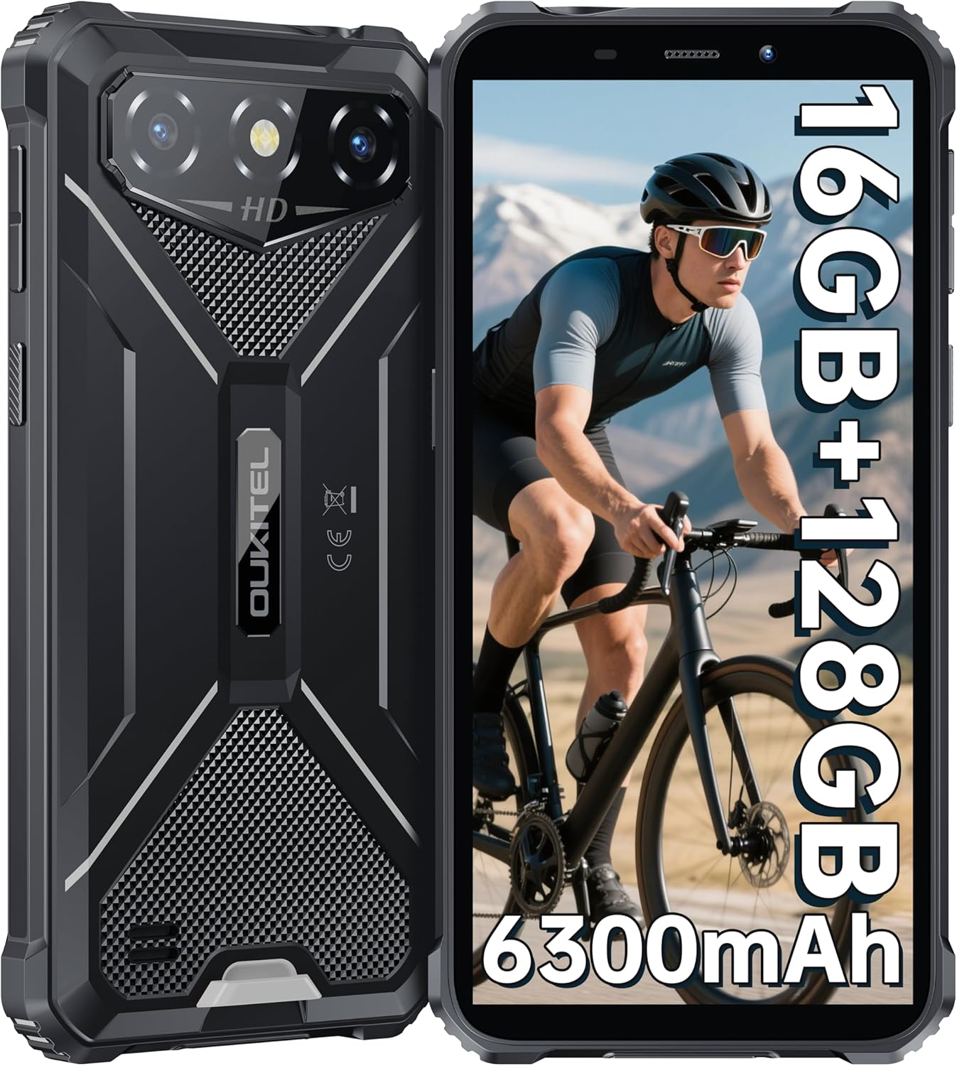 Wytrzymały smartfon z kolarzem na ekranie. Cechy: 16GB+128GB, 6300mAh. Tył pokazuje aparat i logo OUKITEL.