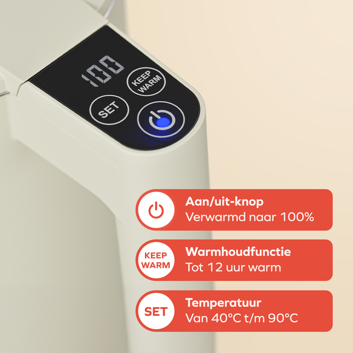 Close-up of a control panel with a digital display showing 100. Buttons: SET, KEEP WARM, power. Text labels in Dutch.