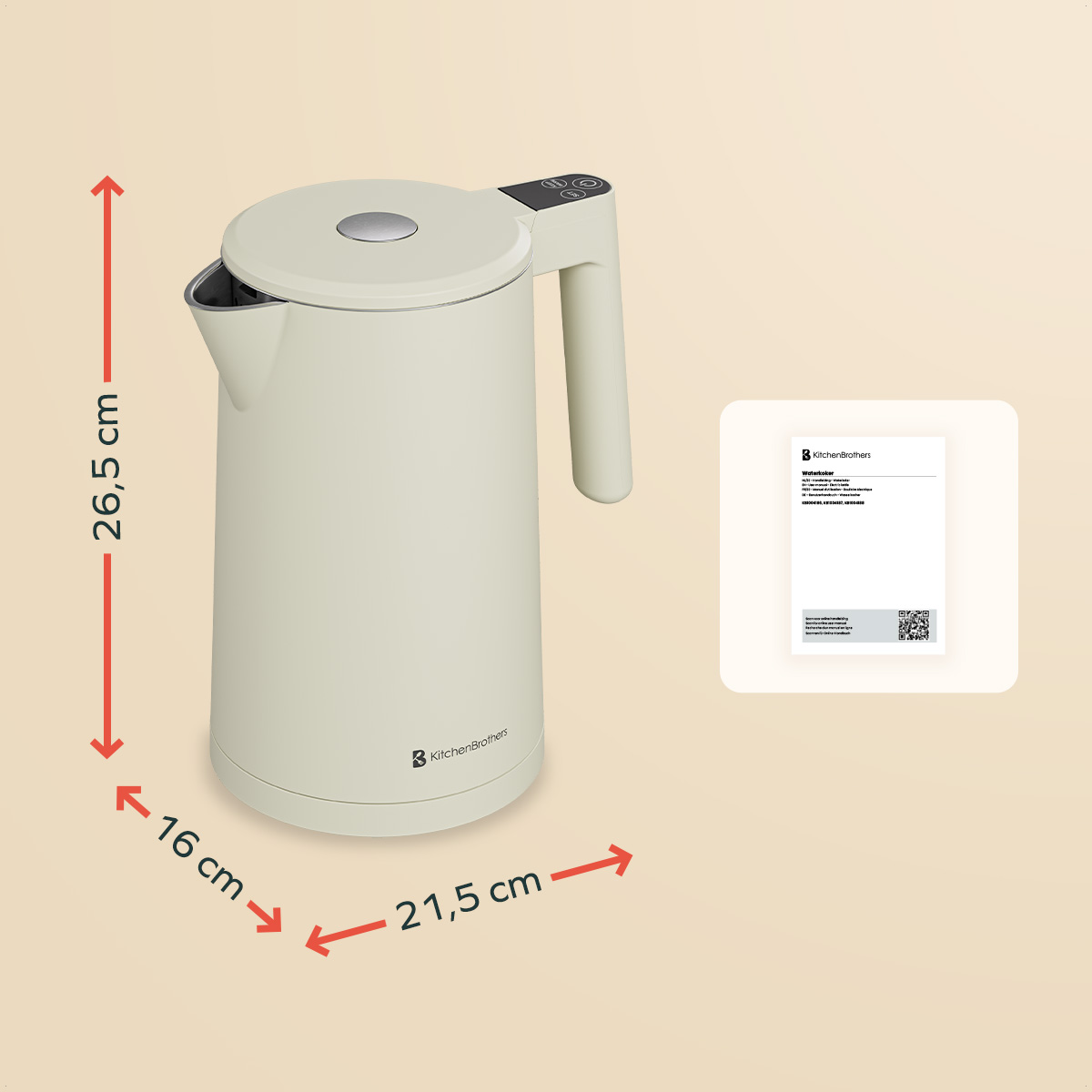 An off-white electric kettle, labeled KitchenBrothers, dimensions shown. A product information card is also visible.