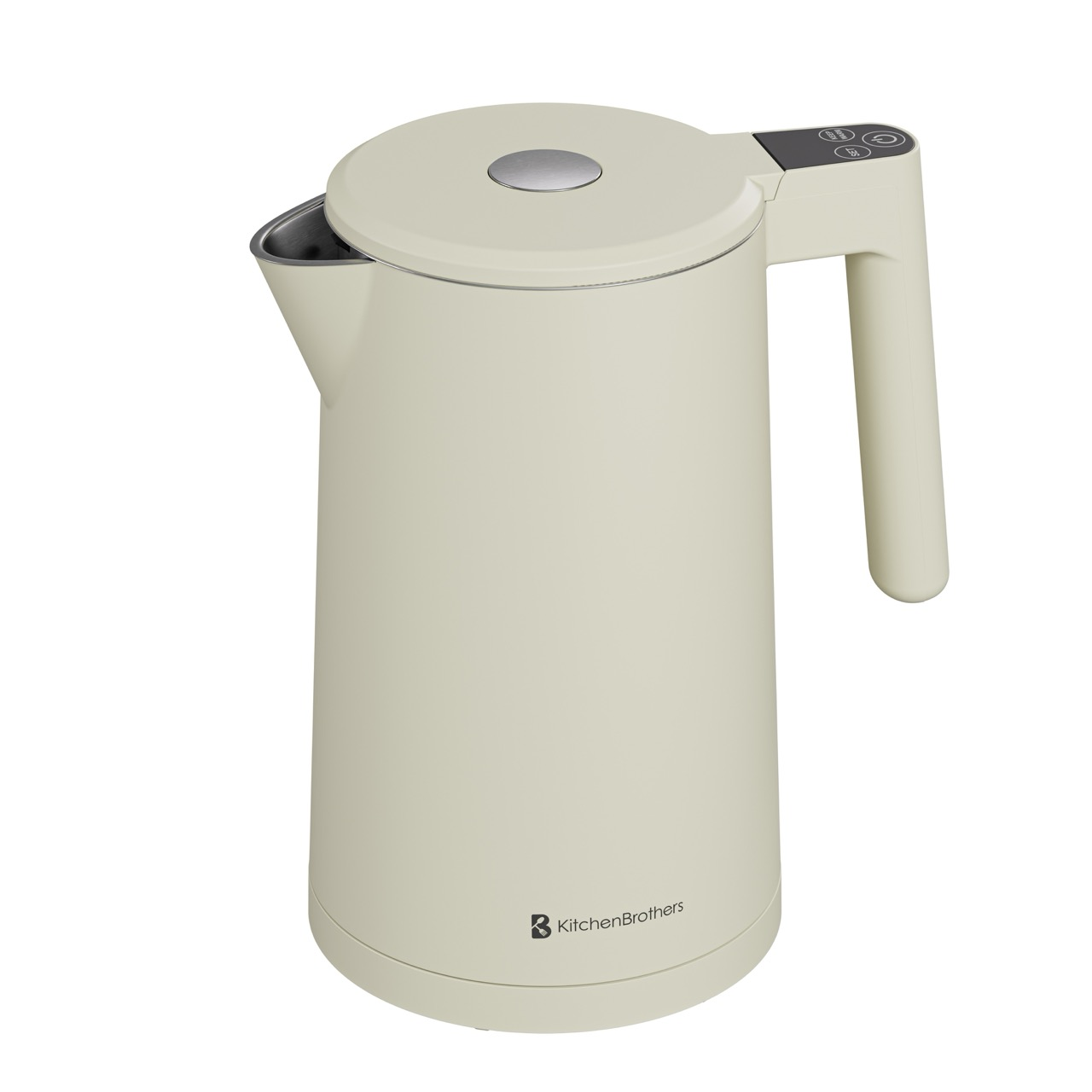 Cream-colored electric kettle with a handle and lid. The kettle has a spout, controls, and a KitchenBrothers logo.