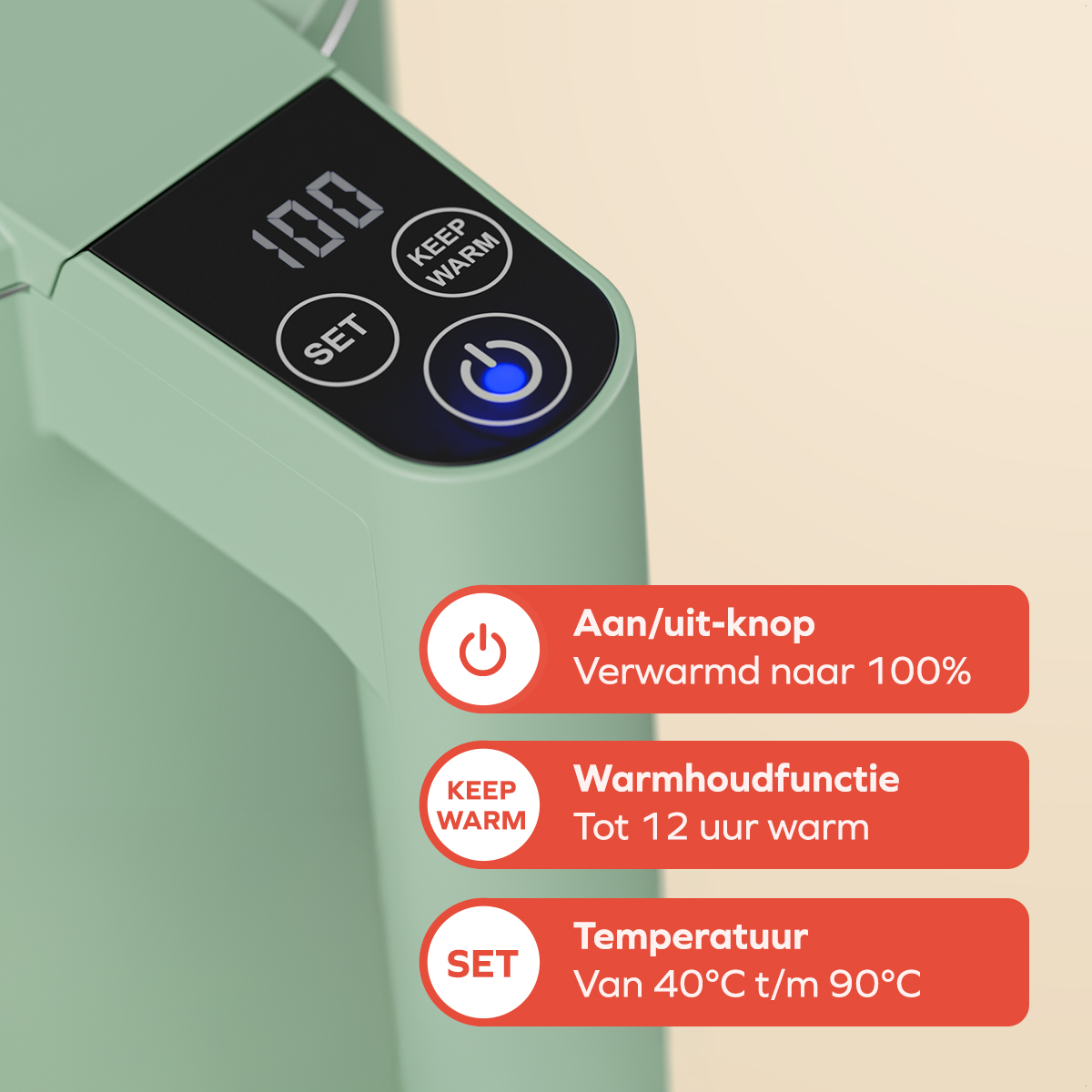 Close-up van een teal apparaat met een digitaal display met 100. Knoppen met 'Keep Warm' en 'Set'. Tekst beschrijft functies.