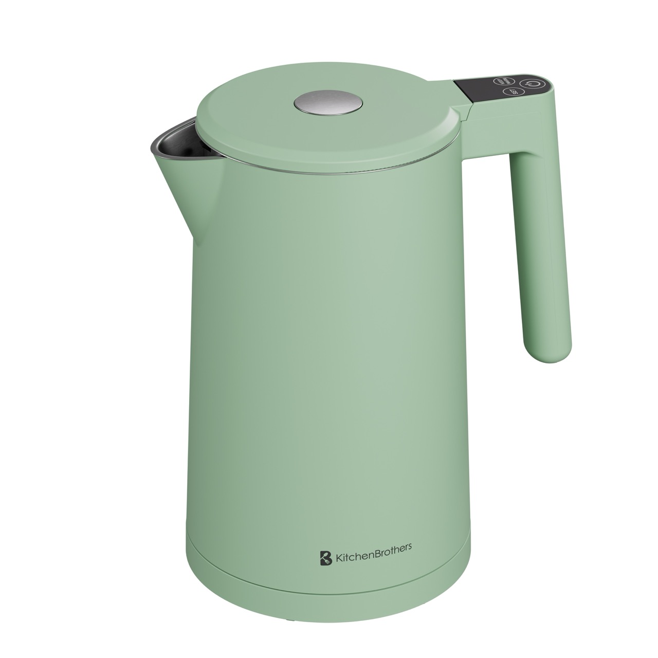 Een groene waterkoker met deksel en handvat. De waterkoker heeft een digitaal display en het KitchenBrothers logo.