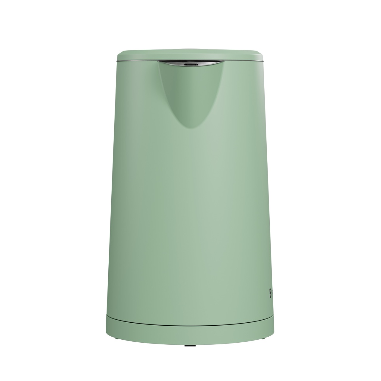 Een lichtgroene elektrische waterkoker op een witte achtergrond. Het heeft een gebogen tuit en een ronde basis.