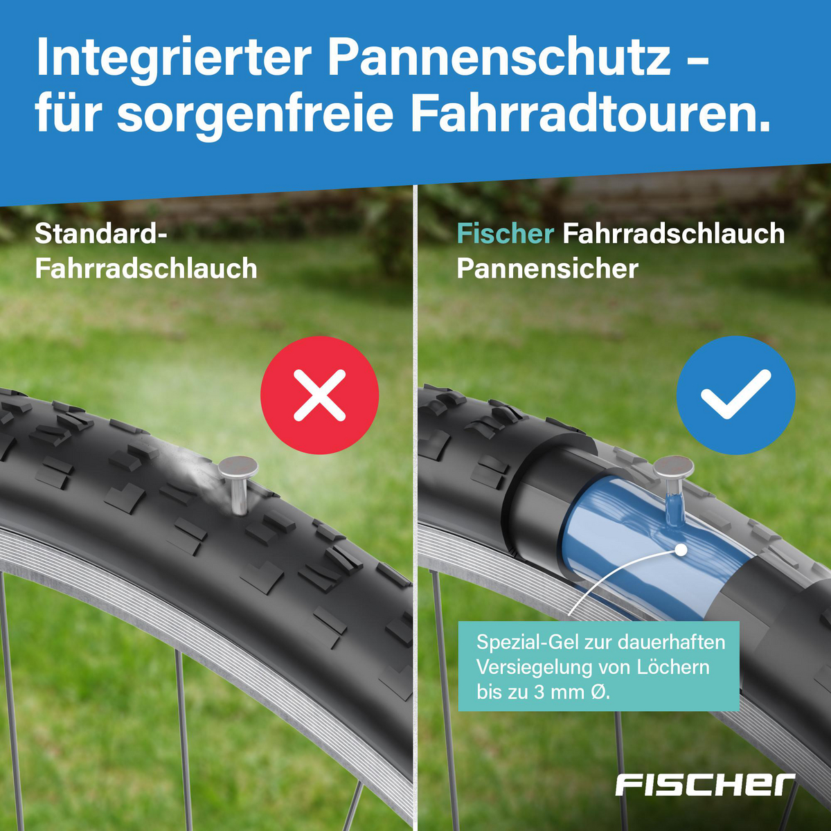 Das Bild zeigt einen Reifen mit Nagel und Rauch und einen anderen Reifen mit blauer Flüssigkeit. Text erklärt Fischer Pannenschutz.