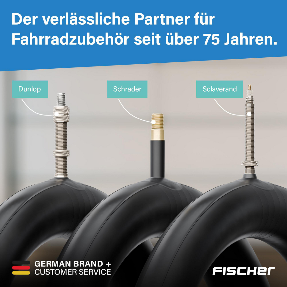 Das Bild zeigt drei Fahrradschläuche mit verschiedenen Ventiltypen (Dunlop, Schrader, Sclaverand). Text sagt: 'Partner für Fahrradzubehör'.