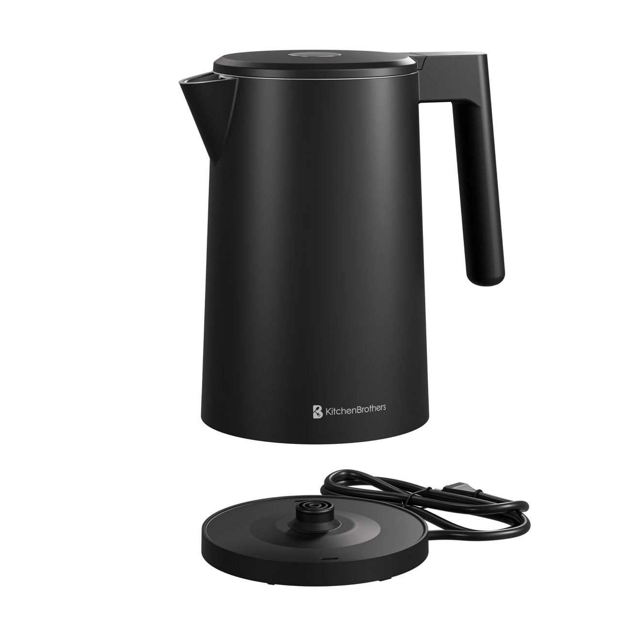 Une bouilloire électrique noire KitchenBrothers avec sa base. La bouilloire a une poignée et un bec. La base a un cordon d'alimentation.