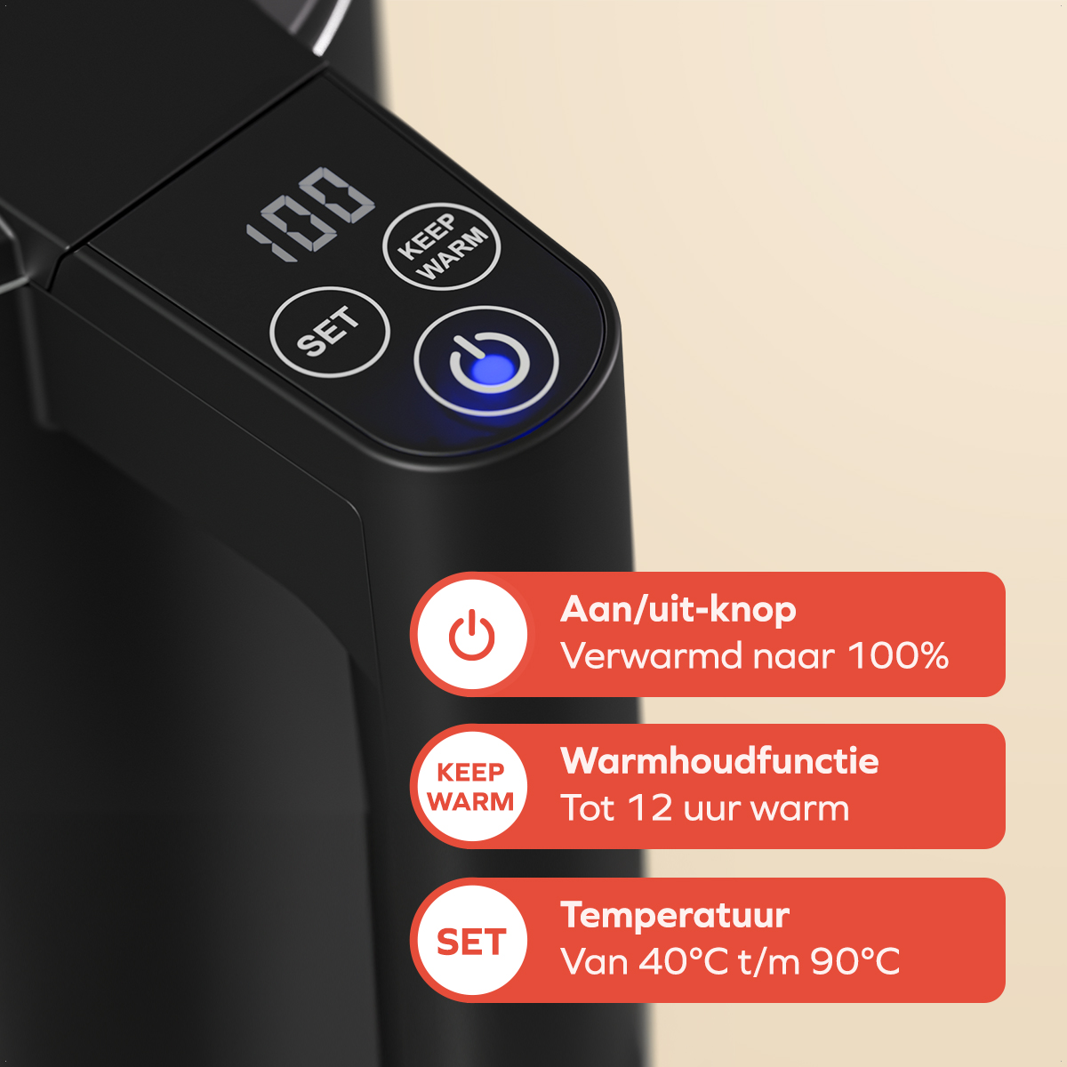 Appareil noir avec écran numérique 100, boutons : set, maintenir au chaud et marche/arrêt. Étiquettes d'information en néerlandais.
