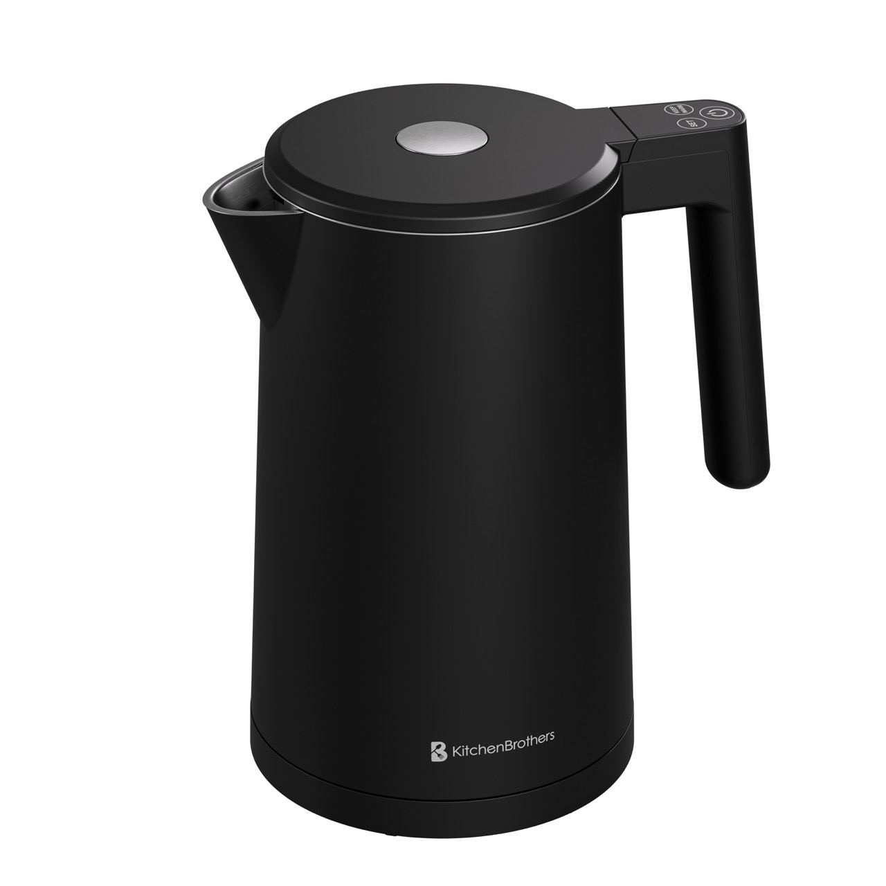 Une bouilloire électrique noire avec une poignée, un couvercle et un bec. Elle a un bouton argenté et le logo KitchenBrothers.