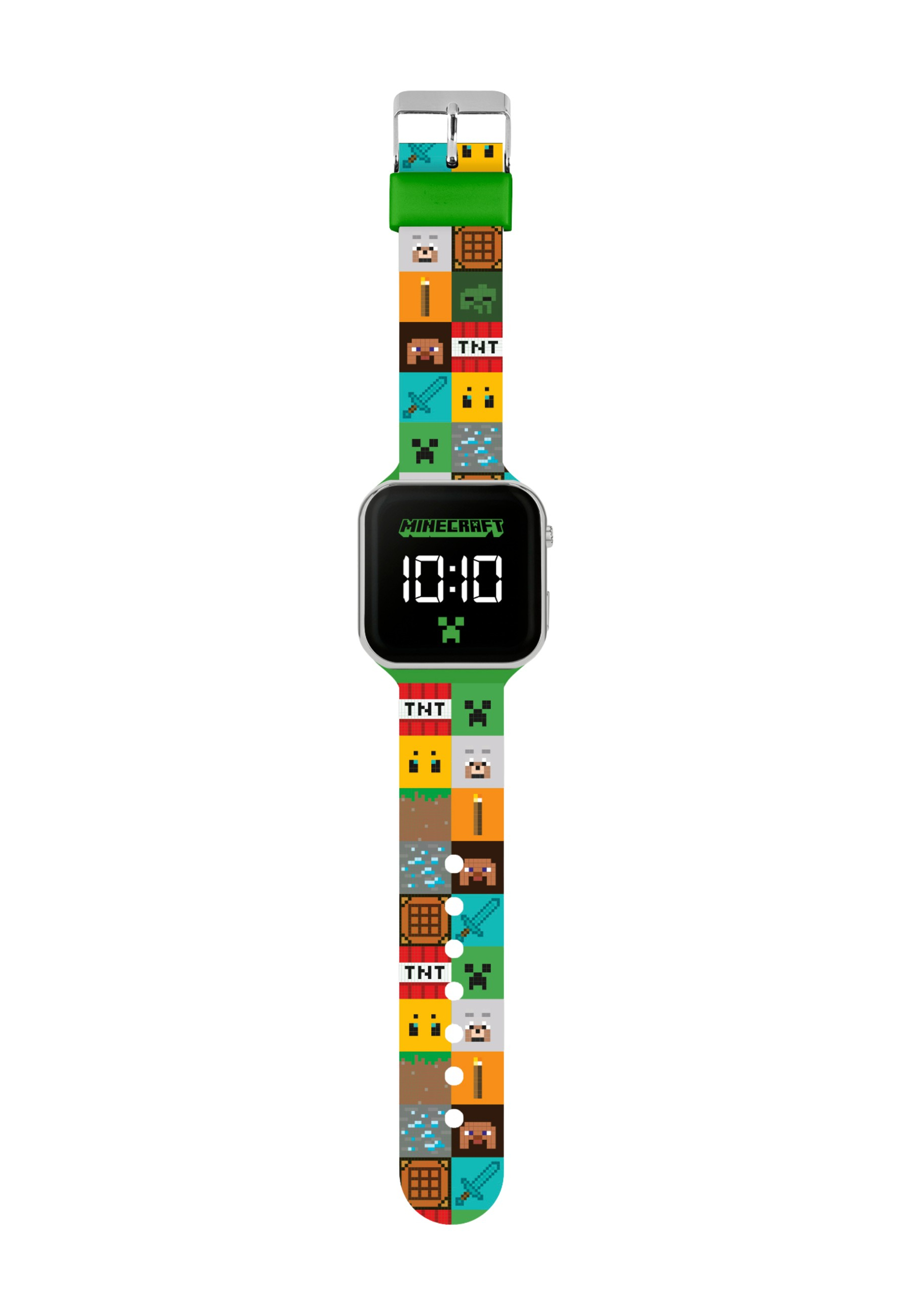 Eine Minecraft-Uhr mit grünem Armband. Das Zifferblatt zeigt 10:10. Das Armband hat Minecraft-Charaktere und TNT-Blöcke.