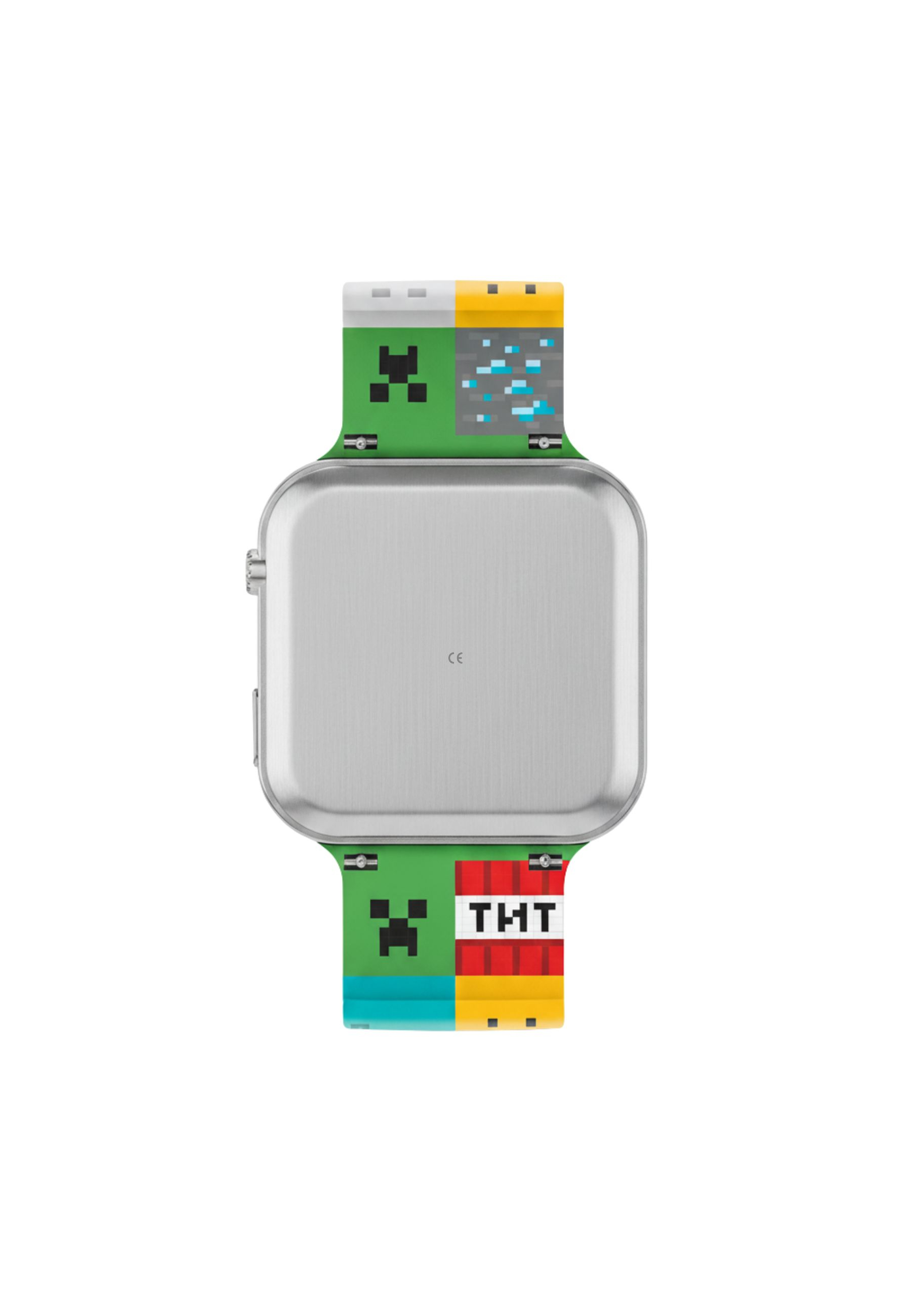Eine quadratische Uhr im Minecraft-Design. Das Armband zeigt Creeper-, TNT- und Blockmuster.