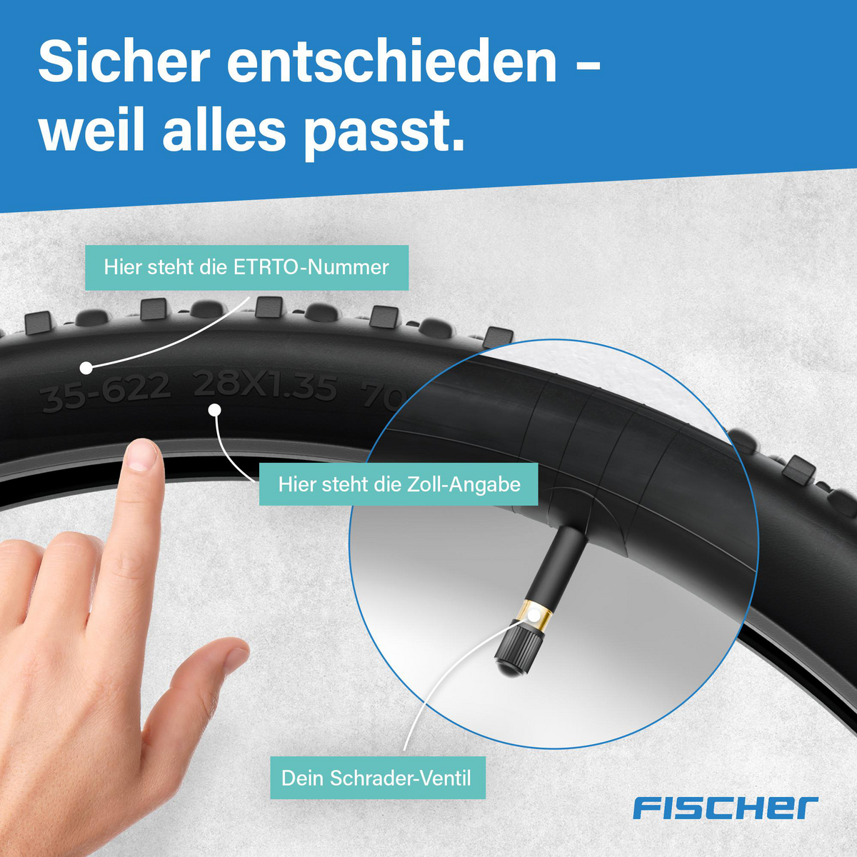 Eine Hand zeigt auf einen Fahrradreifen mit Textbeschriftungen. Der Reifen hat Zahlen und ein Schrader-Ventil. Das Fischer-Logo ist sichtbar.