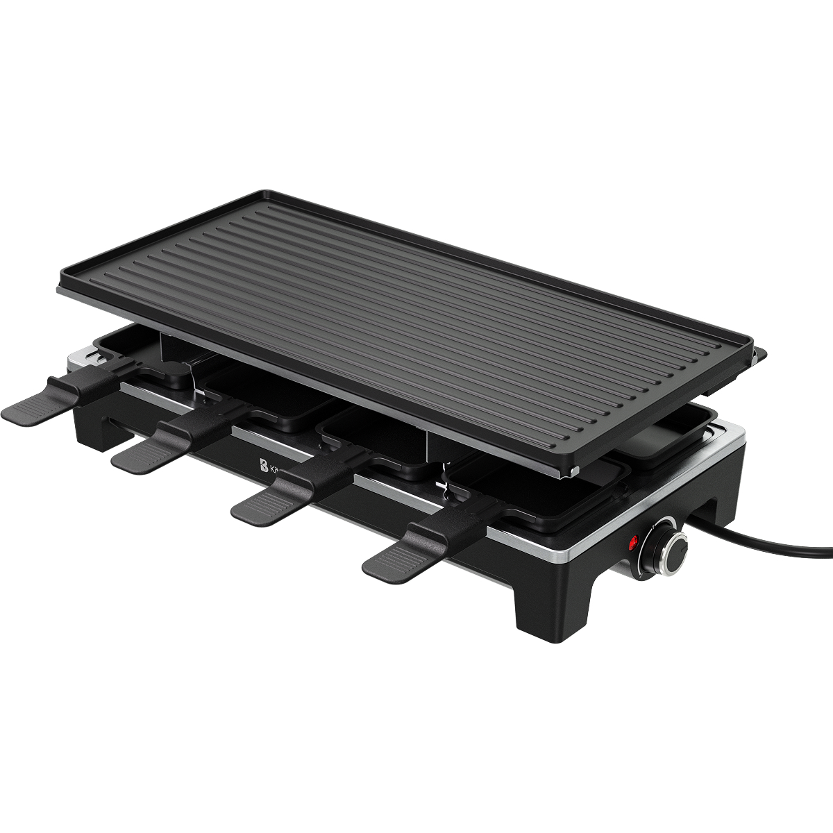 Ein schwarzer Raclette-Grill mit Grillplatte und vier Käseschalen darunter. Er hat einen Temperaturregler und ein Netzkabel.