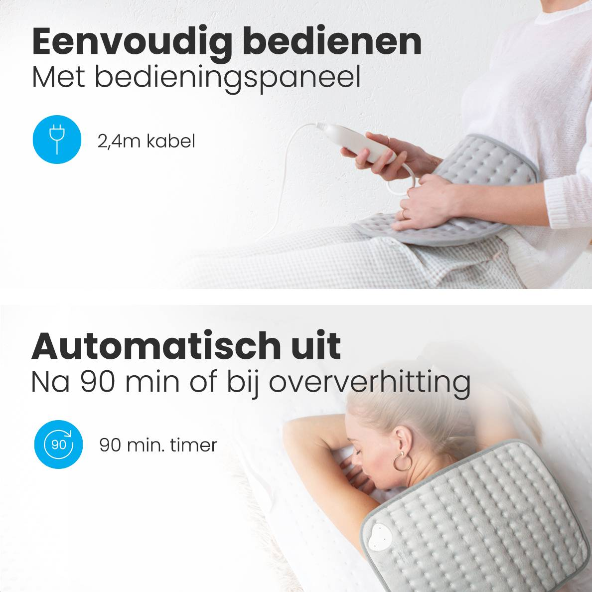 The image shows a person using a heating pad. Text indicates easy operation, automatic shut-off, and a 90-minute timer.