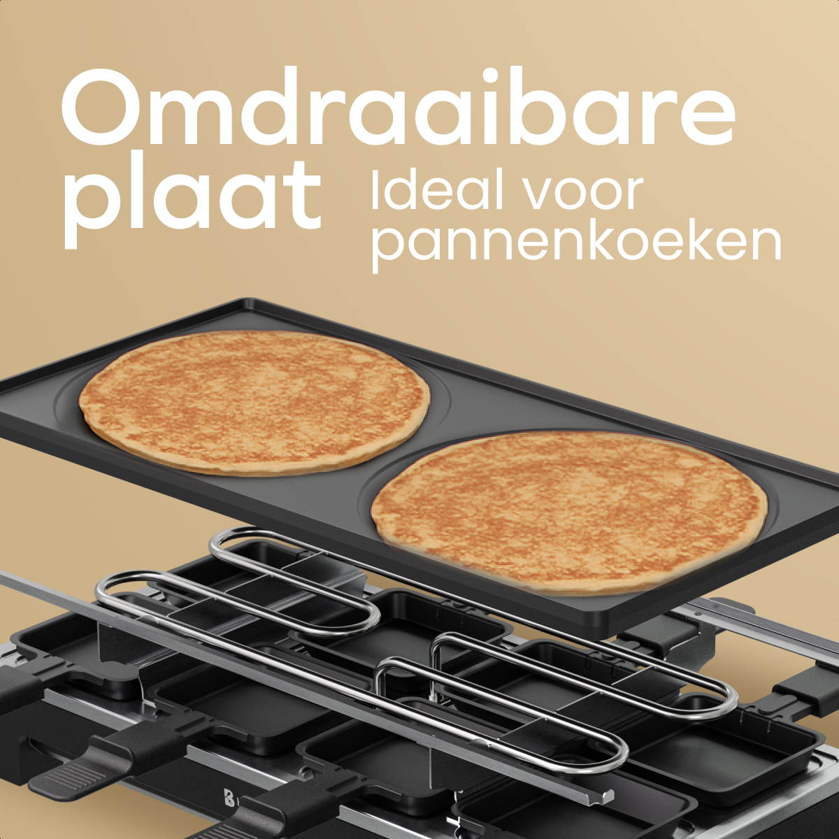 Eine Grillplatte mit zwei Pfannkuchen. Darunter ein schwarzes Gerät mit Metallgriffen und kleinen quadratischen Schalen. Text: Ideal für Pfannkuchen.