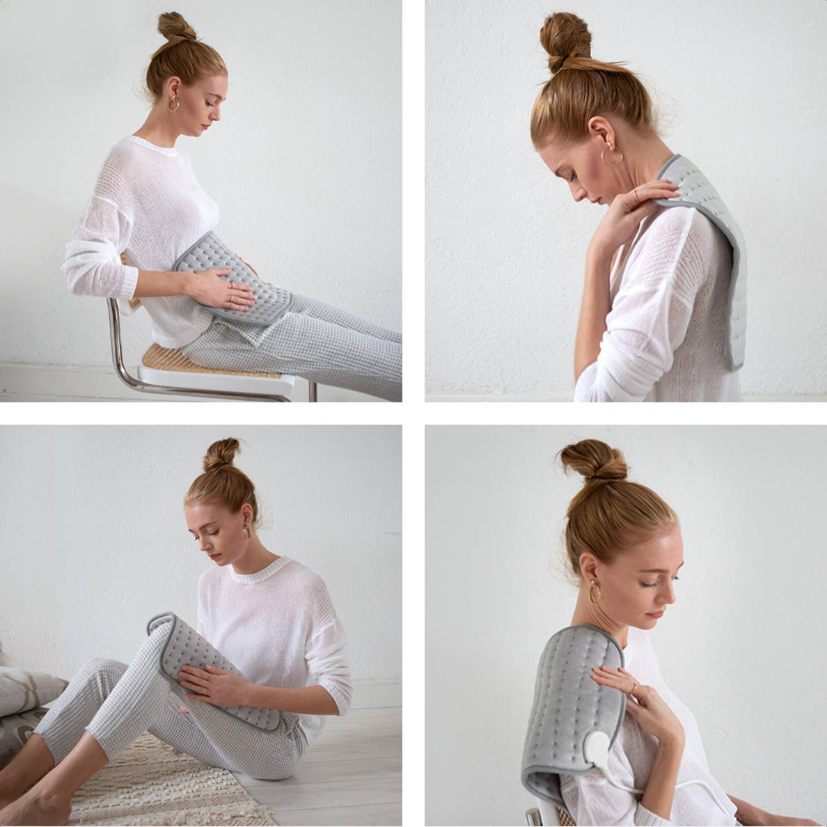 A woman with a bun, wearing white, uses a gray heating pad on her stomach, neck, and shoulder. She sits in different poses.